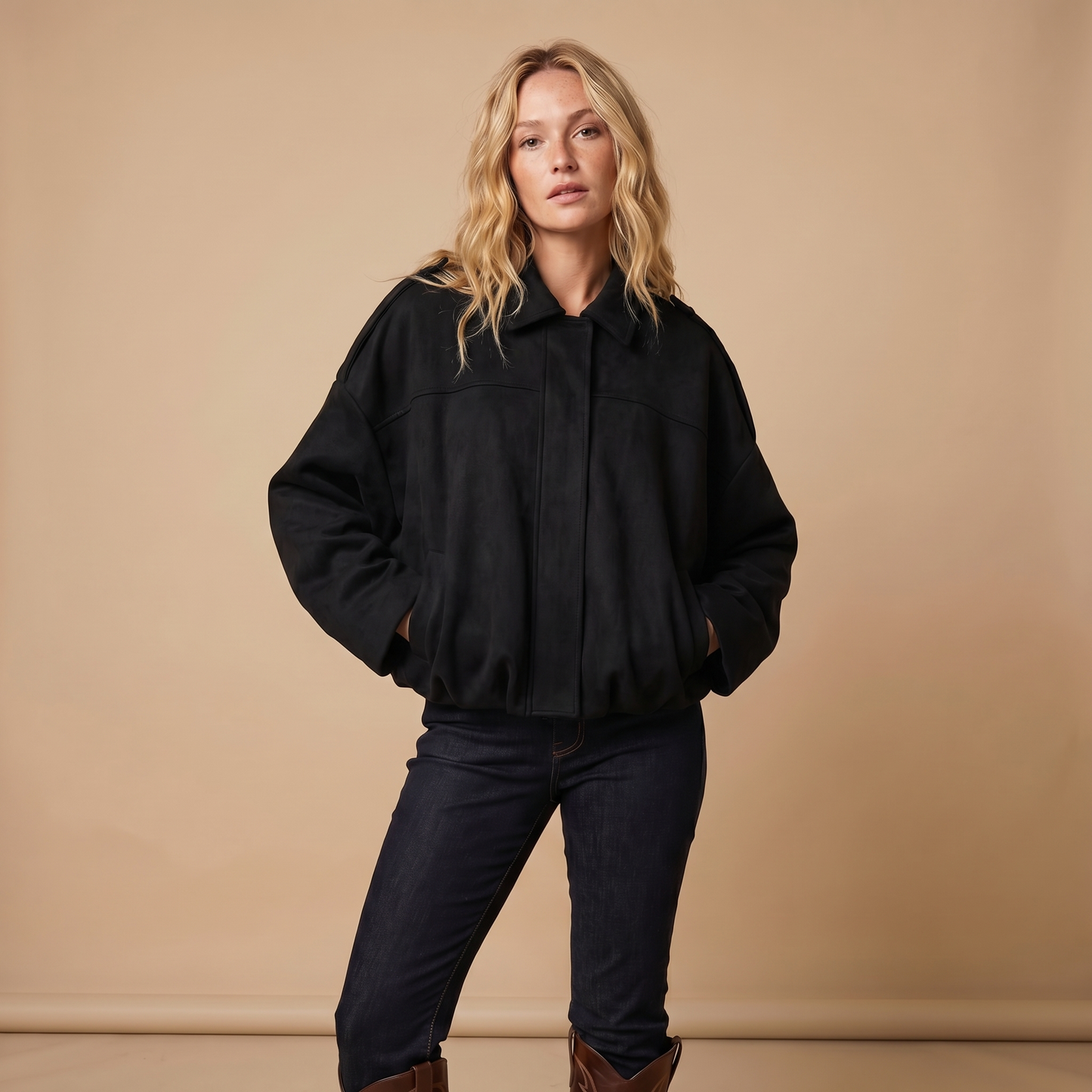 Women's Oversized Faux Suede Zip-Up Moto Bomber Jacket