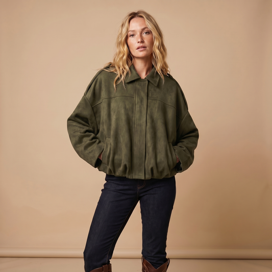 Women's Oversized Faux Suede Zip-Up Moto Bomber Jacket