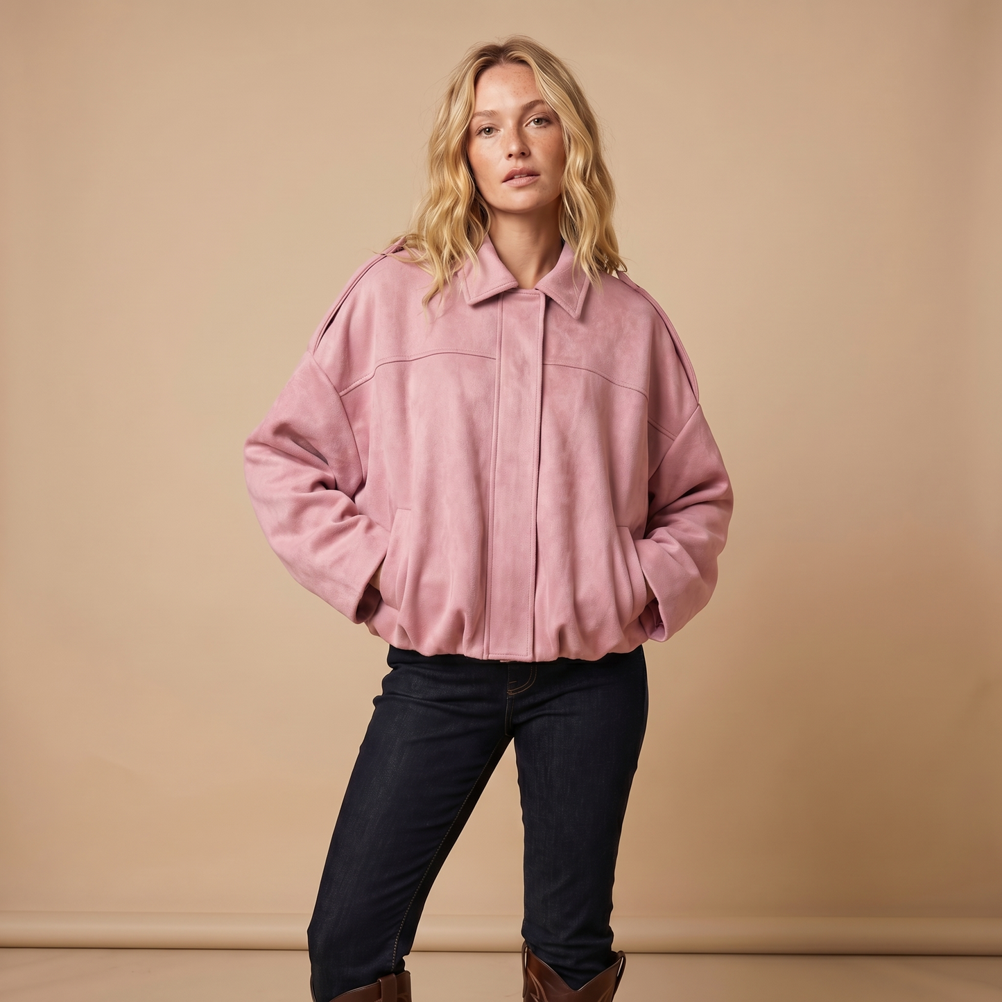 Women's Oversized Faux Suede Zip-Up Moto Bomber Jacket