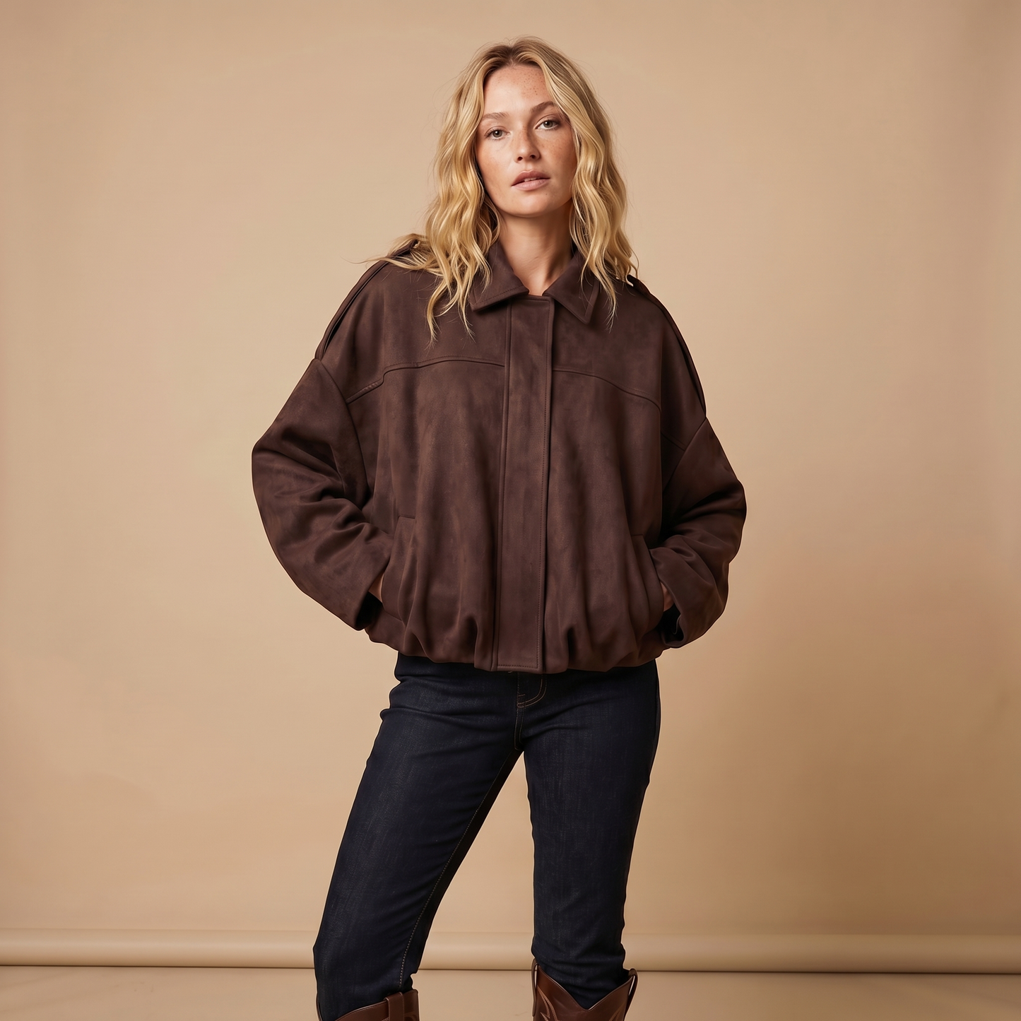 Women's Oversized Faux Suede Zip-Up Moto Bomber Jacket