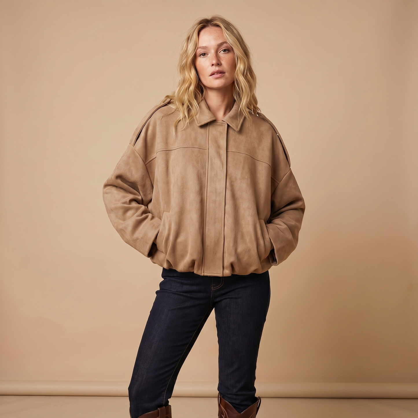 Women's Oversized Faux Suede Zip-Up Moto Bomber Jacket