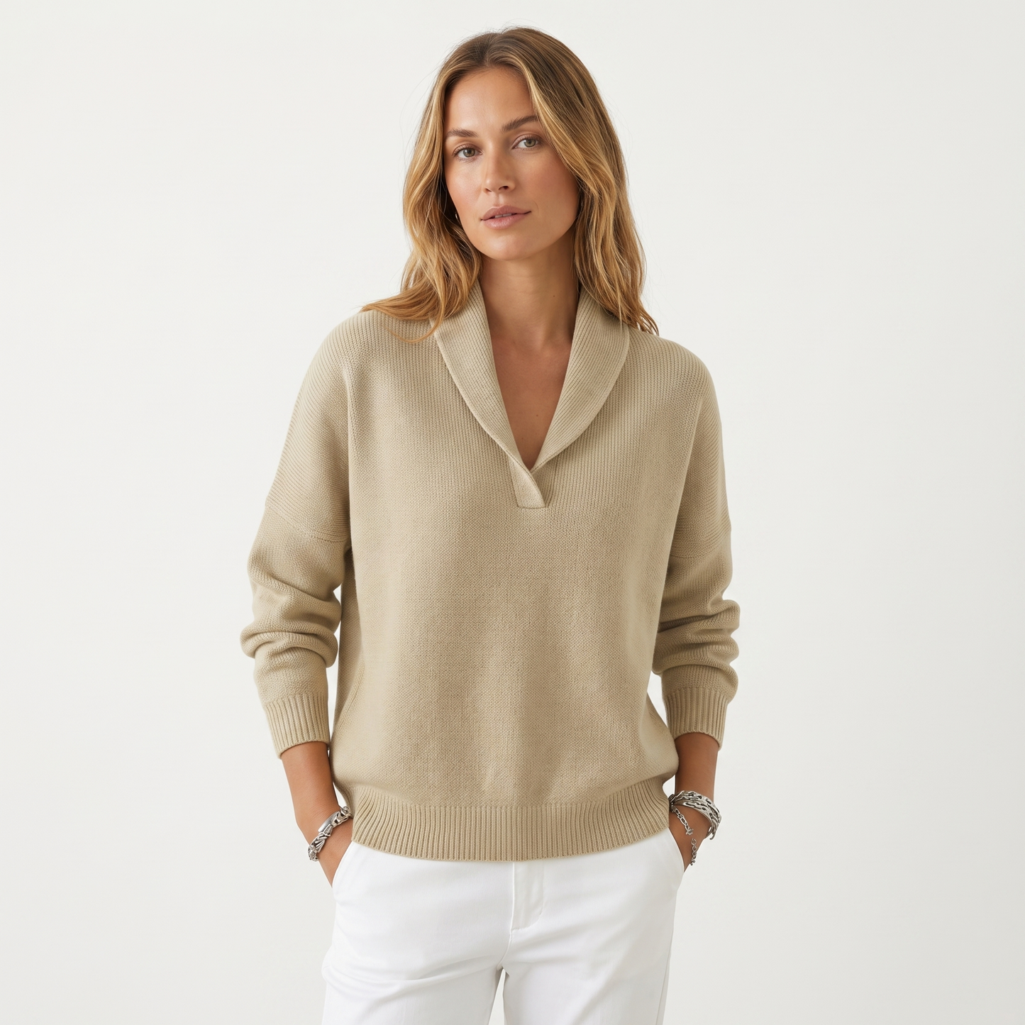 Women's V-Neck Knit Sweater – Soft Relaxed Fit Pullover Casual Knitwear