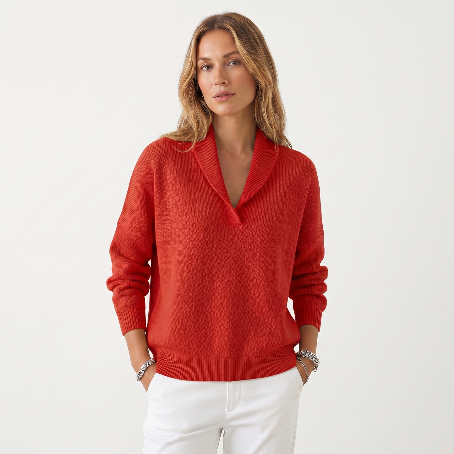 Women's V-Neck Knit Sweater – Soft Relaxed Fit Pullover Casual Knitwear