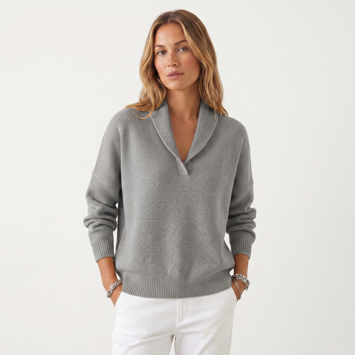 Women's V-Neck Knit Sweater – Soft Relaxed Fit Pullover Casual Knitwear