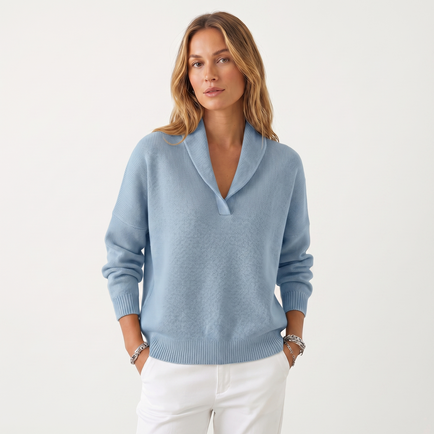 Women's V-Neck Knit Sweater – Soft Relaxed Fit Pullover Casual Knitwear