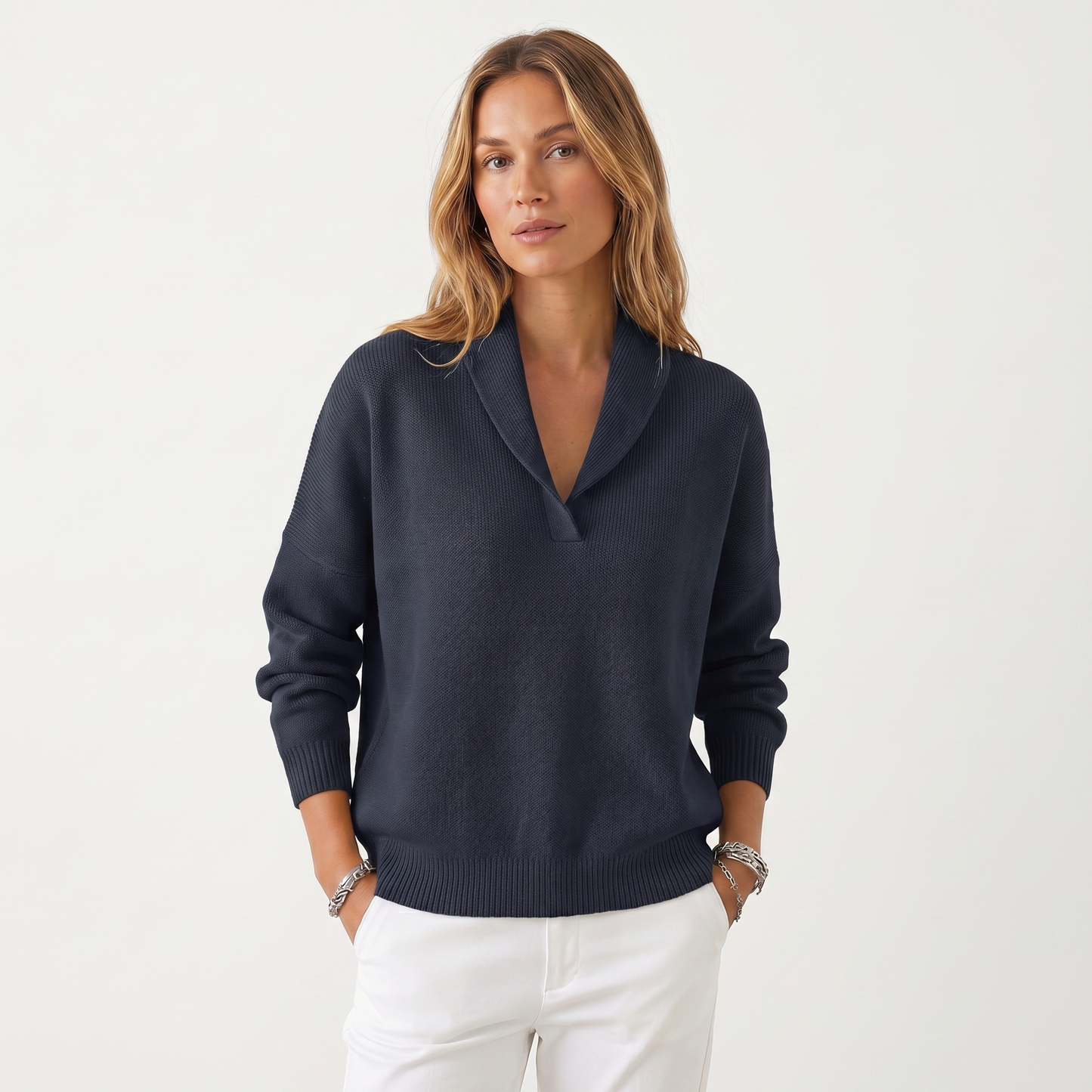 Women's V-Neck Knit Sweater – Soft Relaxed Fit Pullover Casual Knitwear