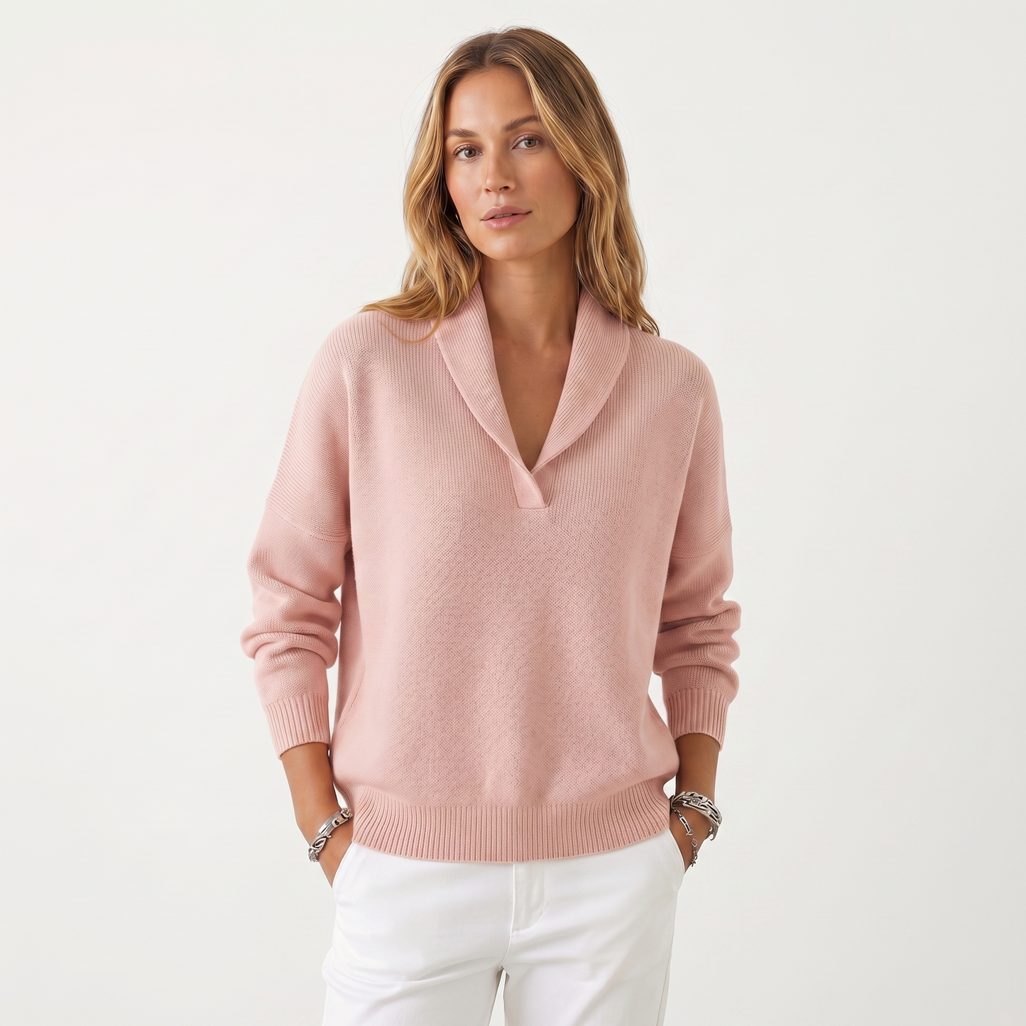 Women's V-Neck Knit Sweater – Soft Relaxed Fit Pullover Casual Knitwear