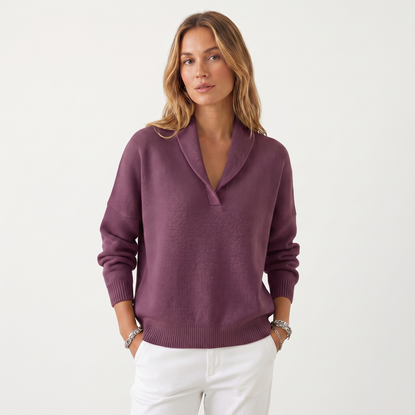 Women's V-Neck Knit Sweater – Soft Relaxed Fit Pullover Casual Knitwear