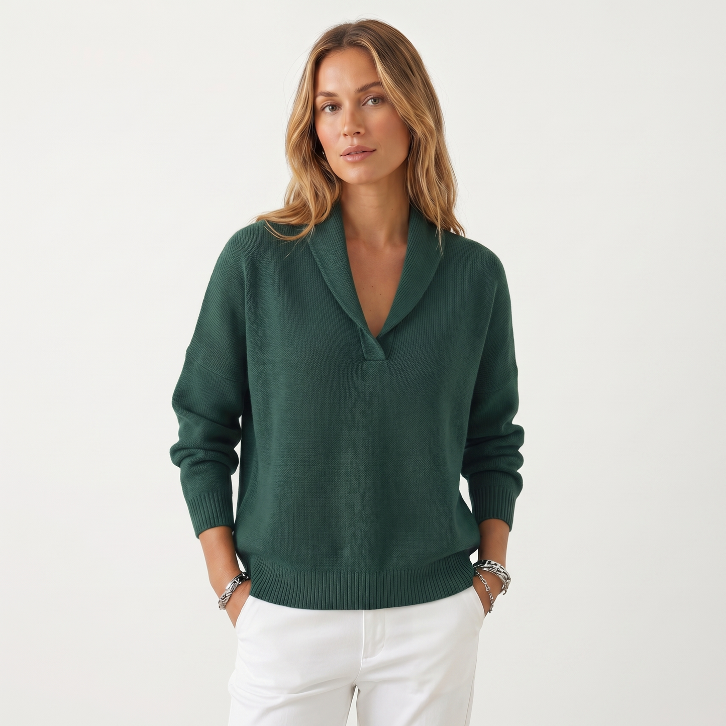 Women's V-Neck Knit Sweater – Soft Relaxed Fit Pullover Casual Knitwear