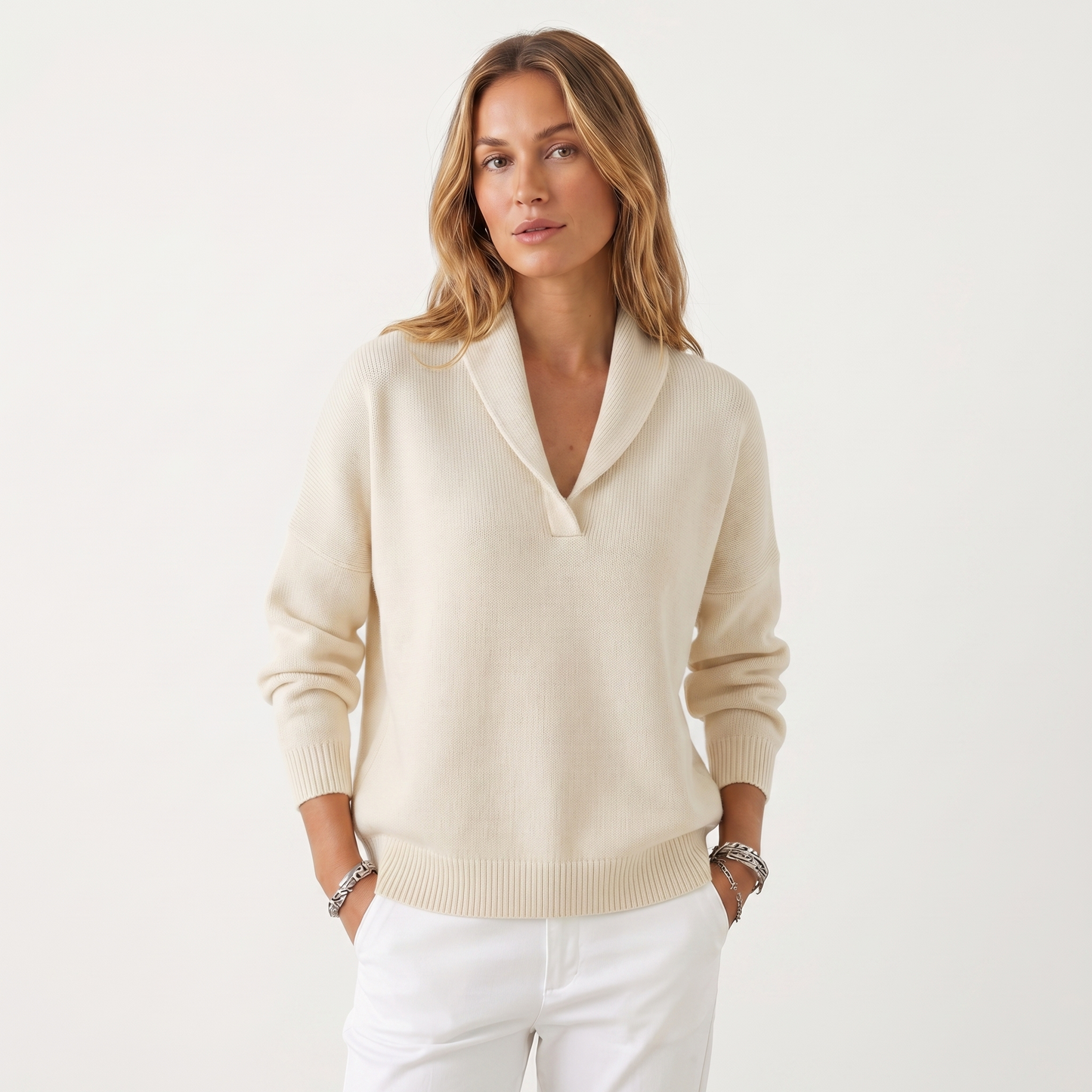 Women's V-Neck Knit Sweater – Soft Relaxed Fit Pullover Casual Knitwear