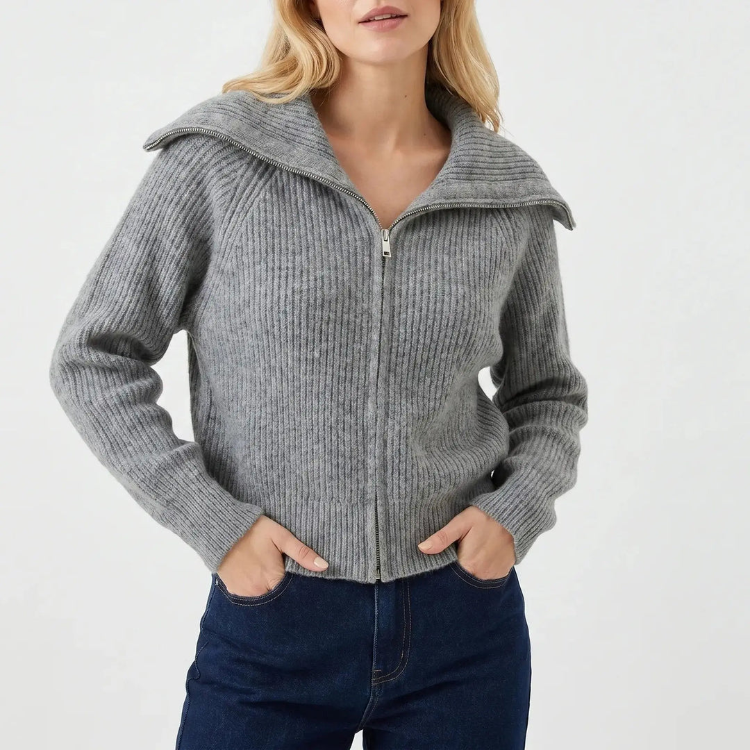 Women's Ribbed Zip-Up Cardigan Hip-Length Spread Collar Oxford and Hill