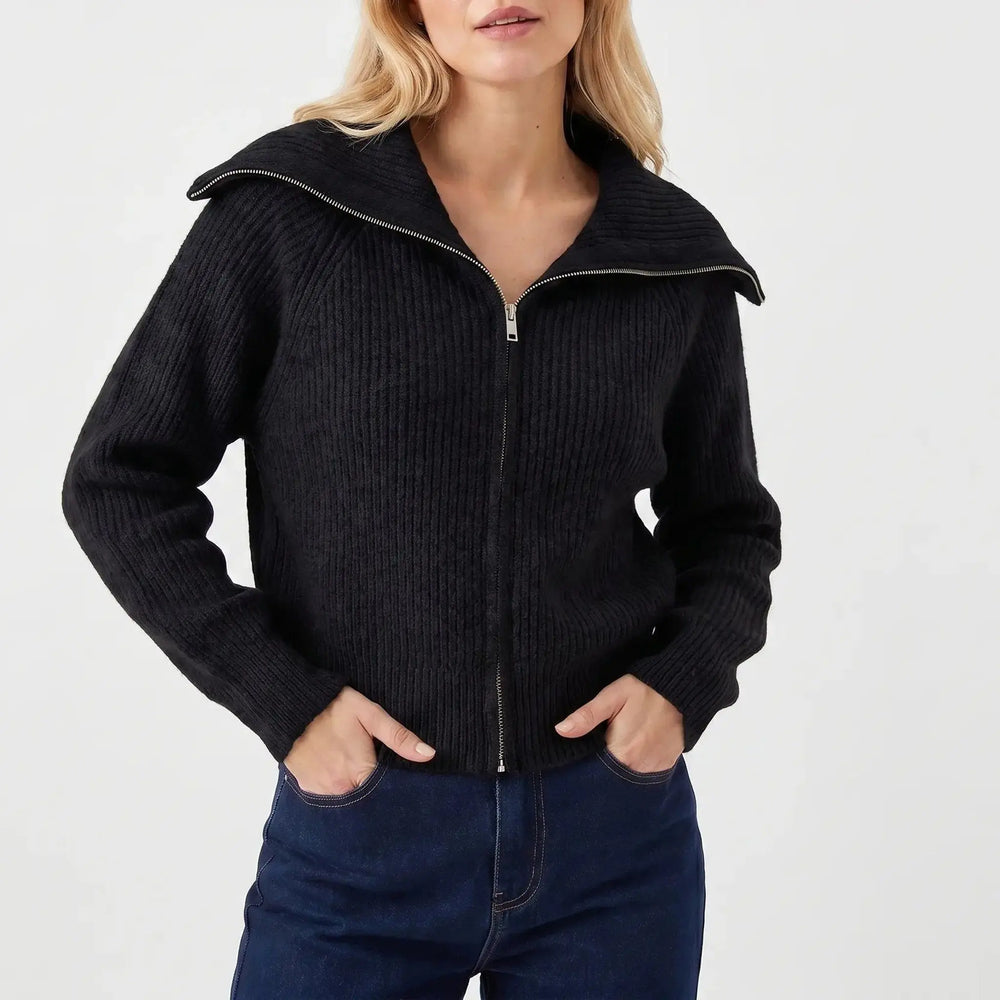 Women's Ribbed Zip-Up Cardigan Hip-Length Spread Collar Oxford and Hill