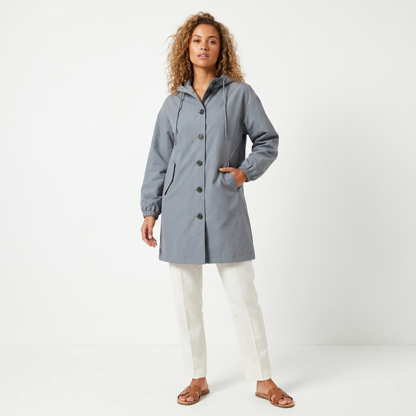 Women's Hooded Mid-Length Button Up Trench Coat – Casual Waterproof Windbreaker