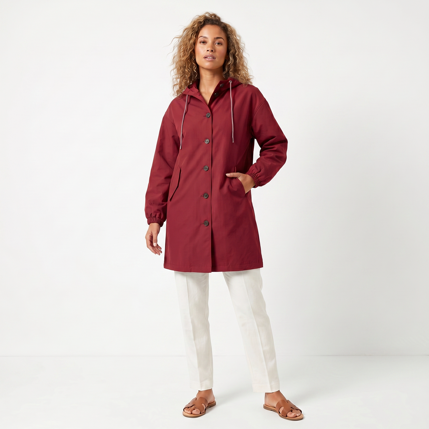 Women's Hooded Mid-Length Button Up Trench Coat – Casual Waterproof Windbreaker