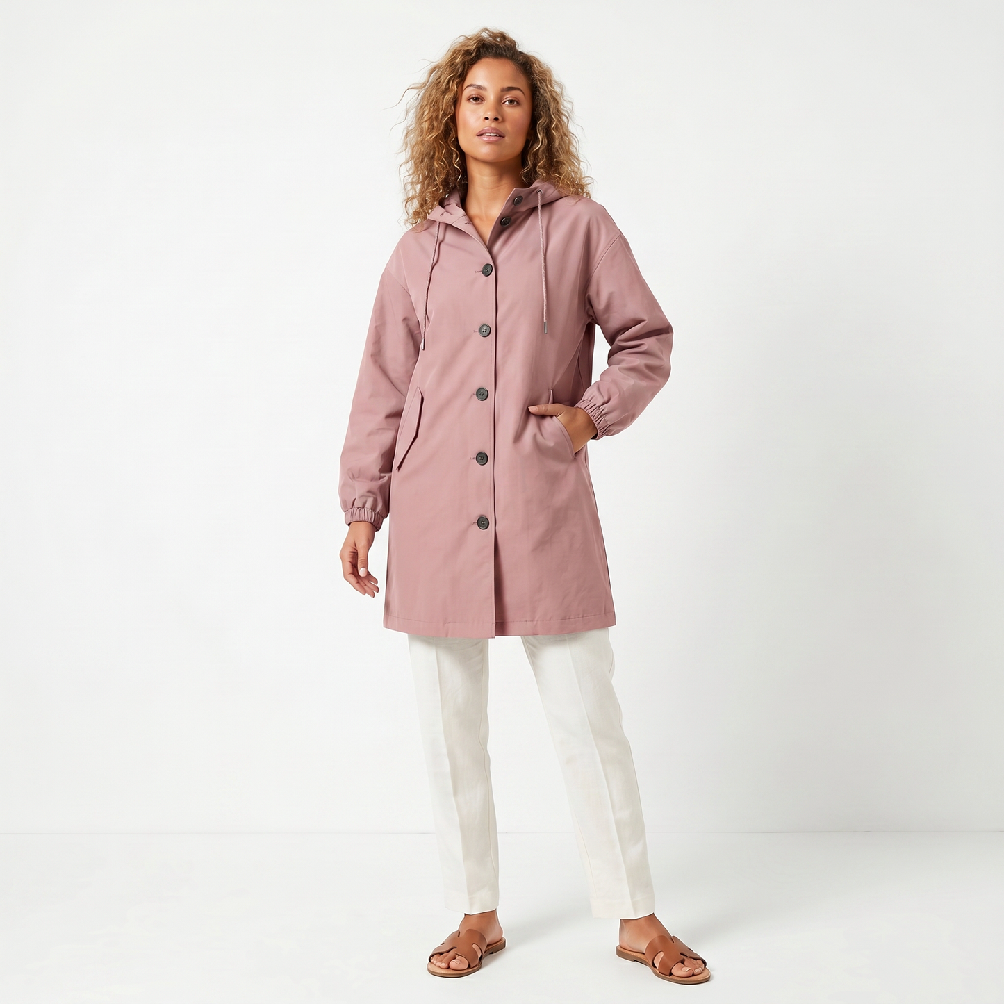 Women's Hooded Mid-Length Button Up Trench Coat – Casual Waterproof Windbreaker