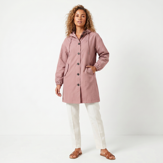 Women's Hooded Mid-Length Button Up Trench Coat – Casual Waterproof Windbreaker