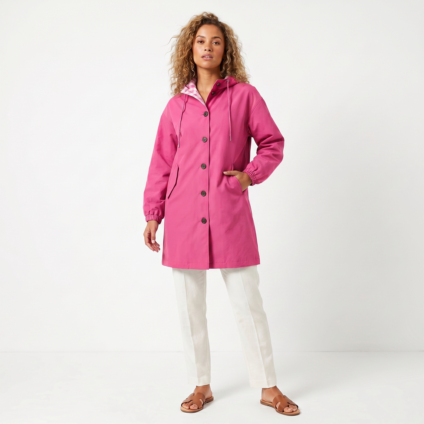 Women's Hooded Mid-Length Button Up Trench Coat – Casual Waterproof Windbreaker