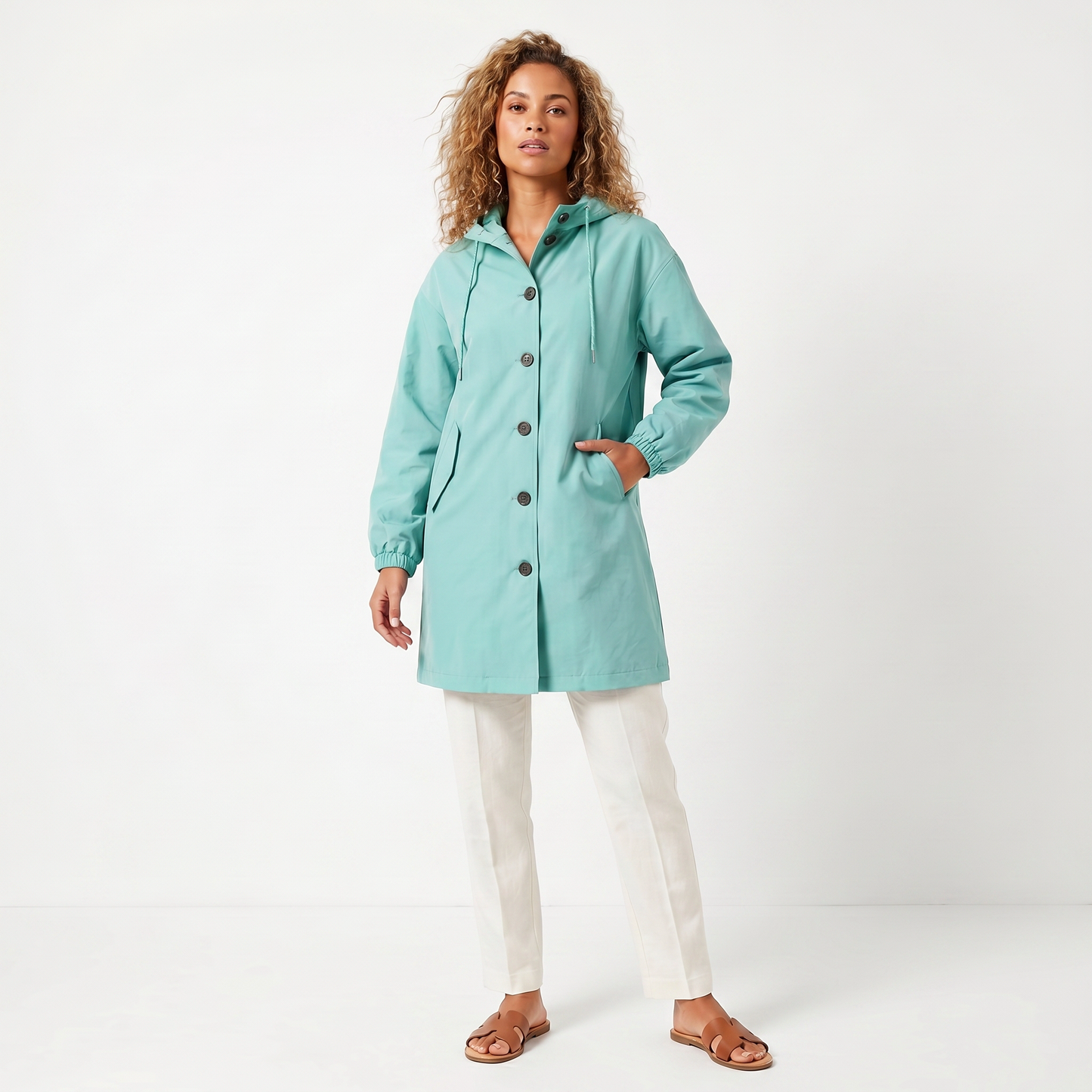Women's Hooded Mid-Length Button Up Trench Coat – Casual Waterproof Windbreaker