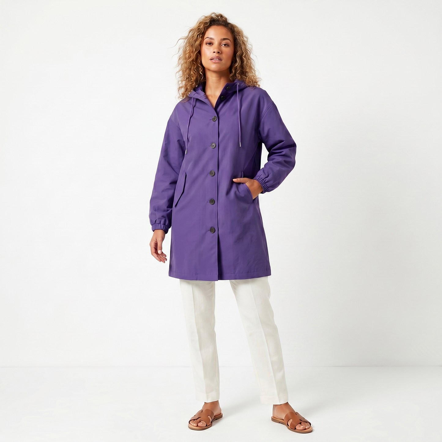 Women's Hooded Mid-Length Button Up Trench Coat – Casual Waterproof Windbreaker