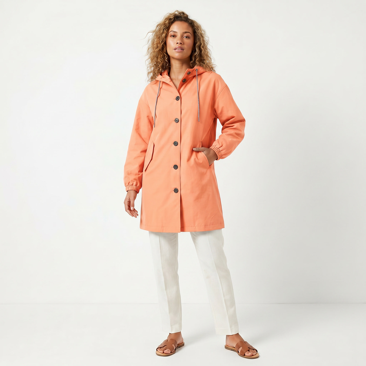 Women's Hooded Mid-Length Button Up Trench Coat – Casual Waterproof Windbreaker