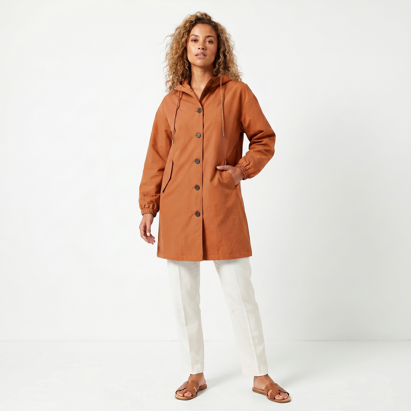 Women's Hooded Mid-Length Button Up Trench Coat – Casual Waterproof Windbreaker