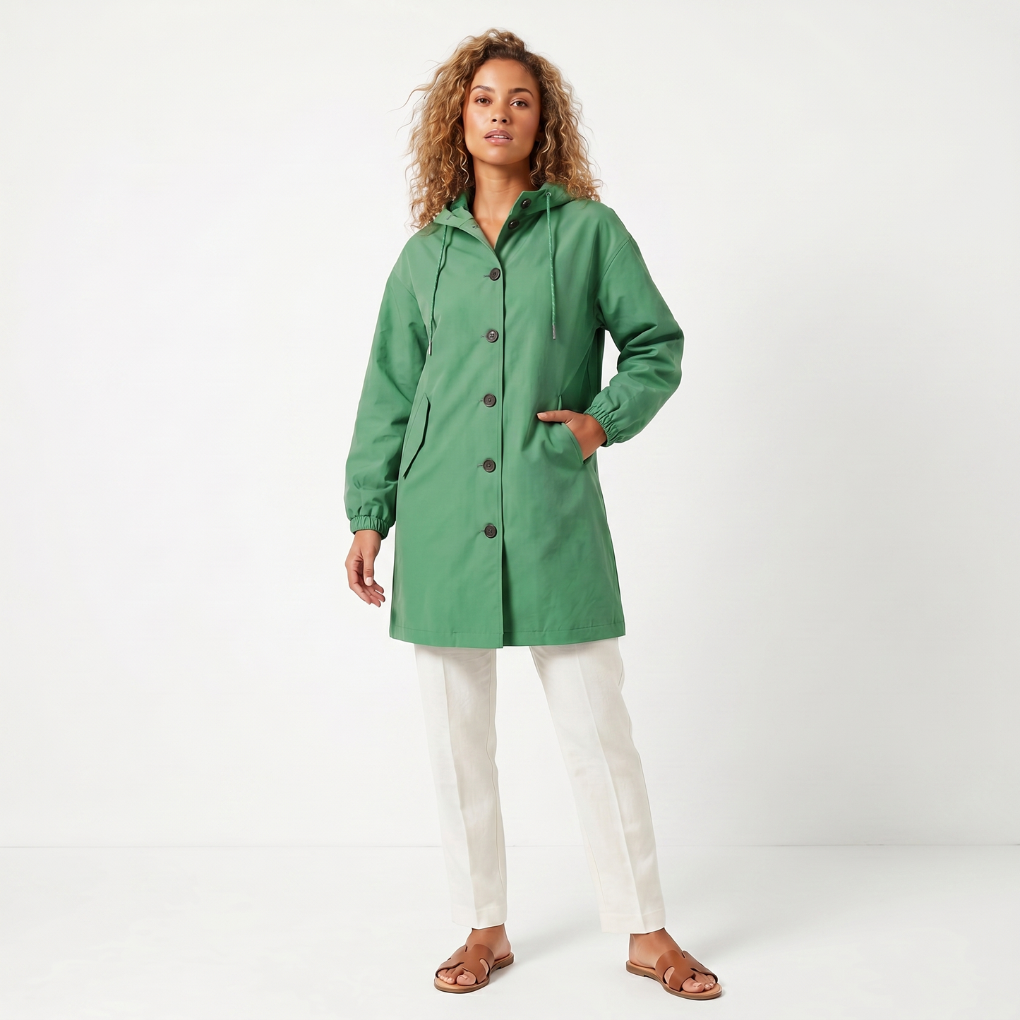 Women's Hooded Mid-Length Button Up Trench Coat – Casual Waterproof Windbreaker