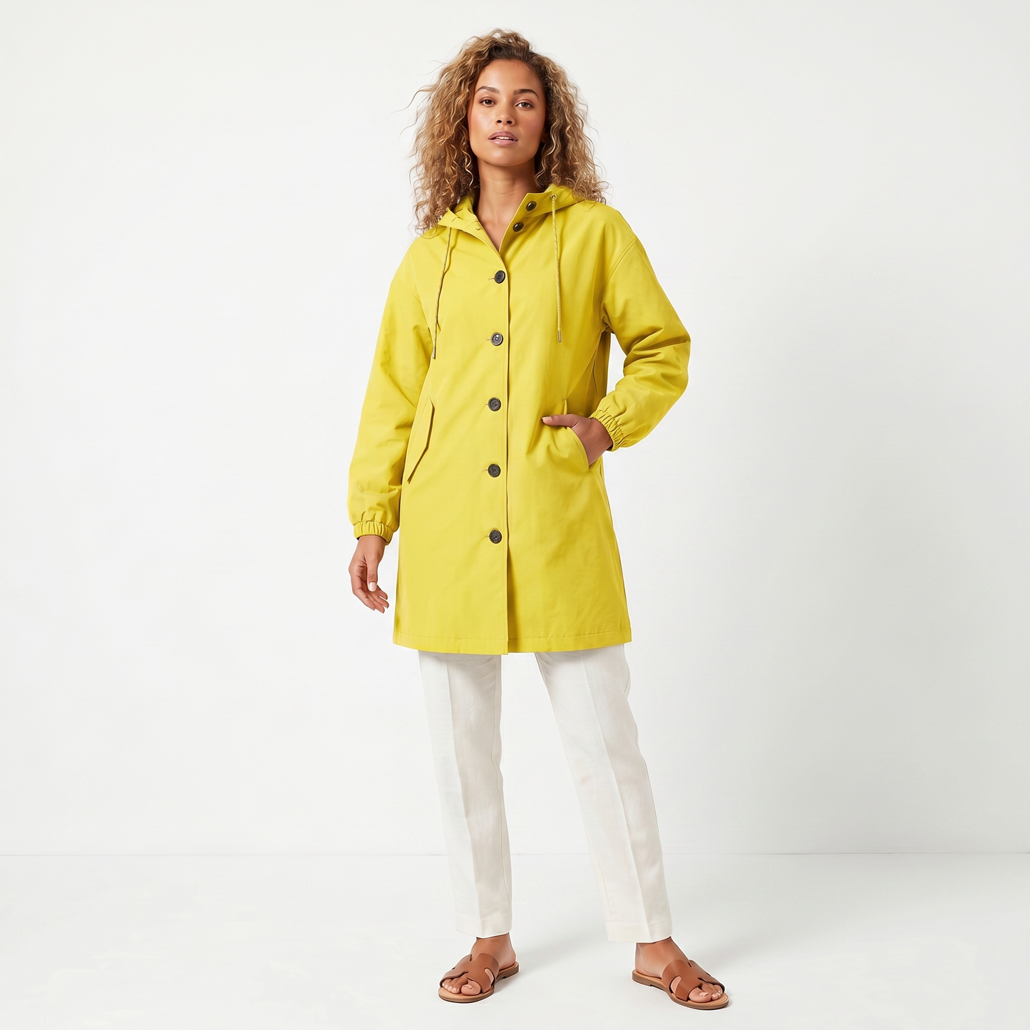 Women's Hooded Mid-Length Button Up Trench Coat – Casual Waterproof Windbreaker