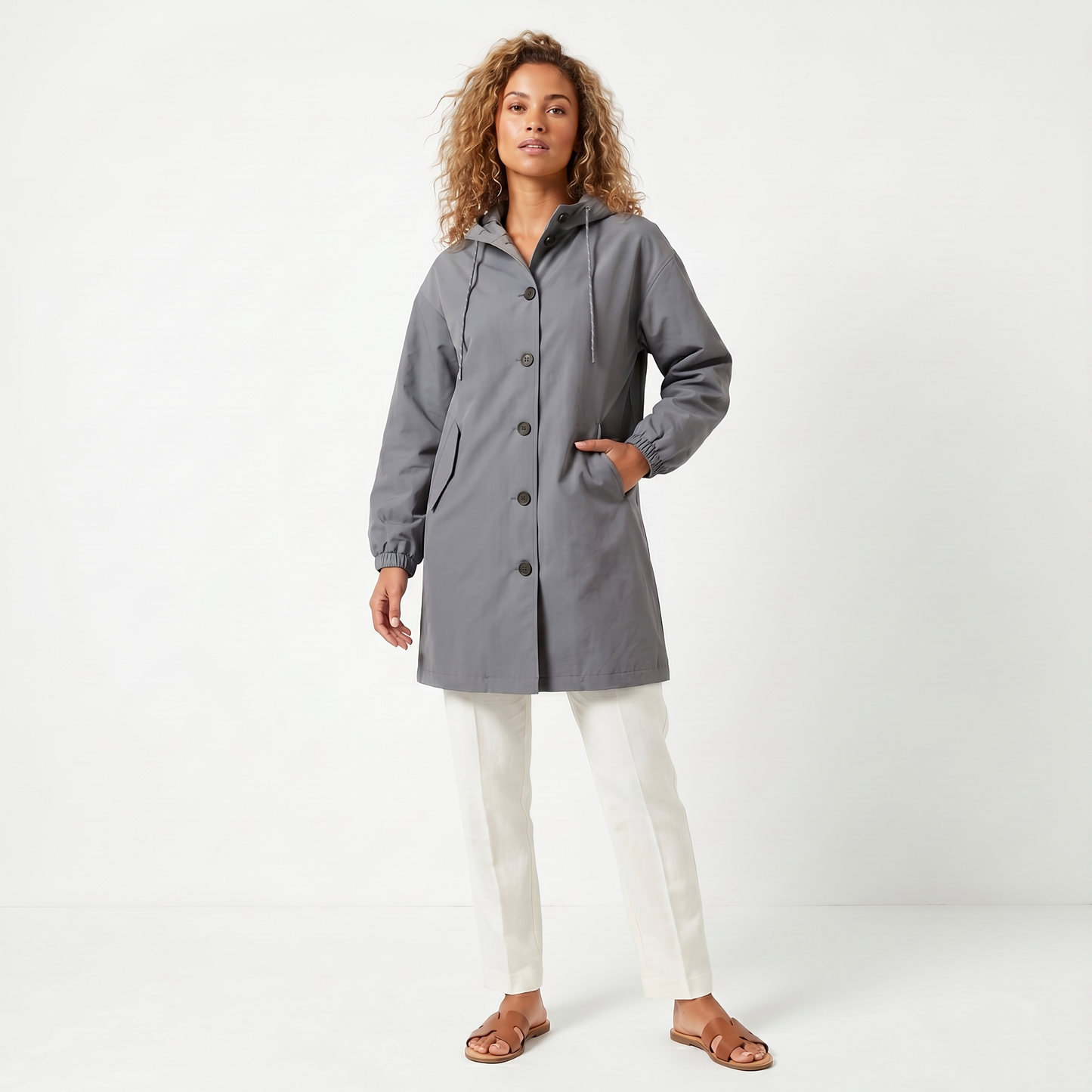Women's Hooded Mid-Length Button Up Trench Coat – Casual Waterproof Windbreaker