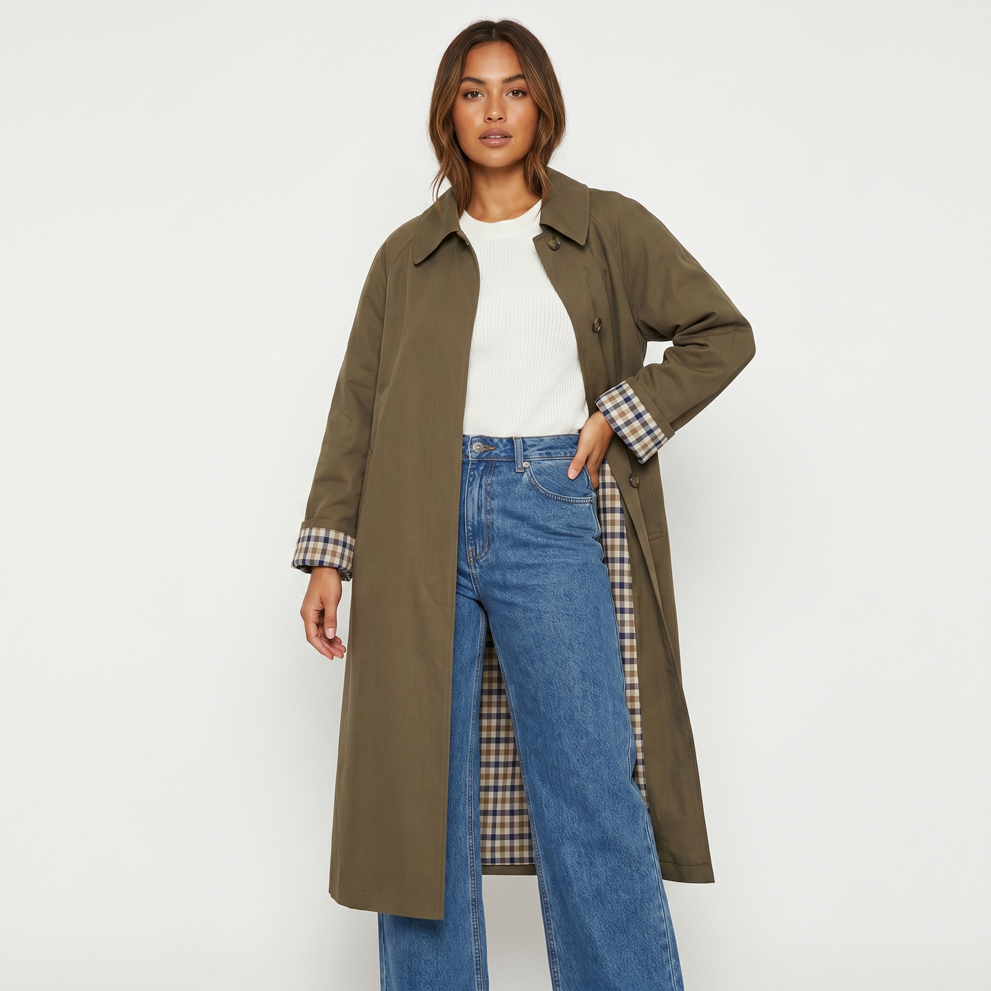 Check-Lined Single-Breasted Trench Coat
