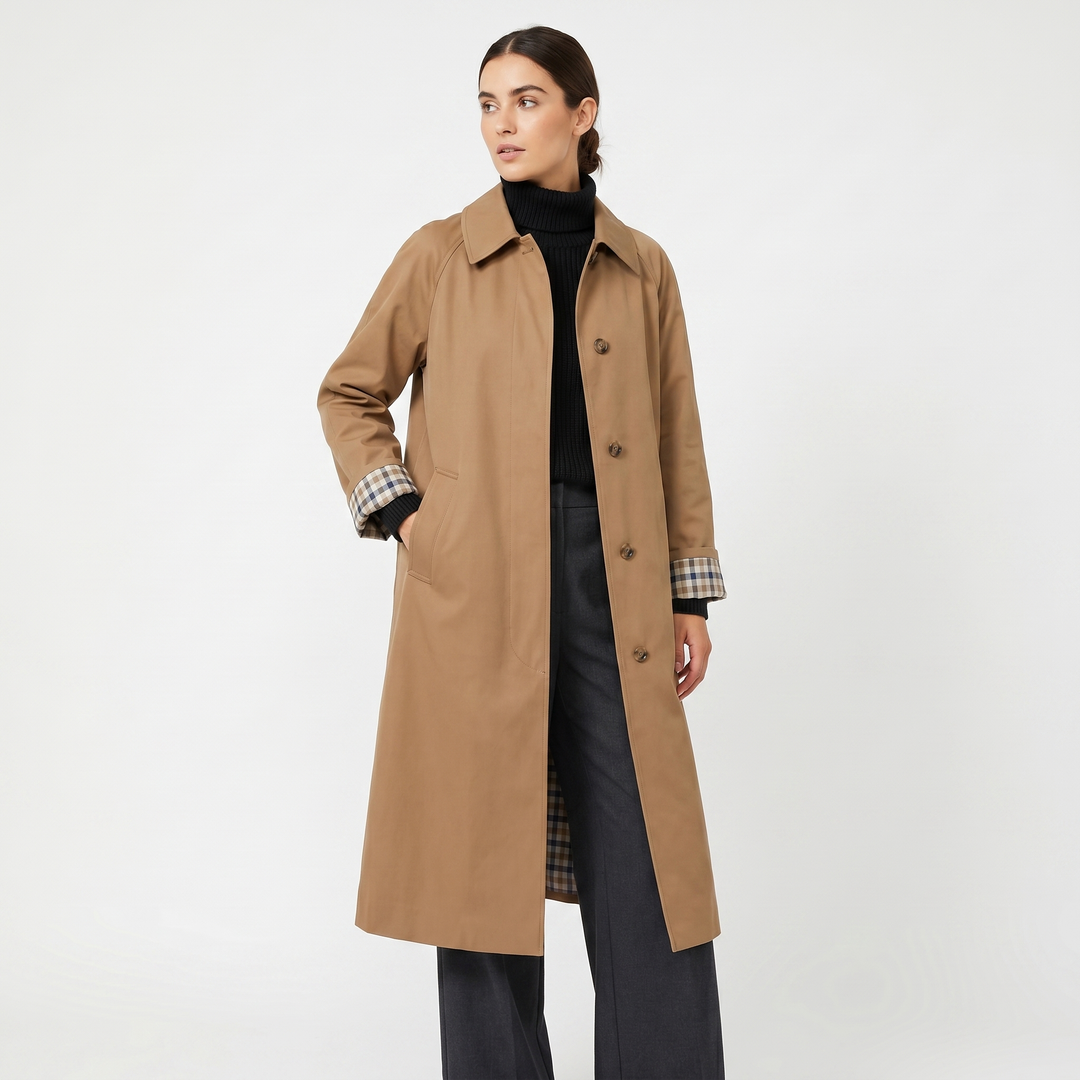 Check-Lined Single-Breasted Trench Coat