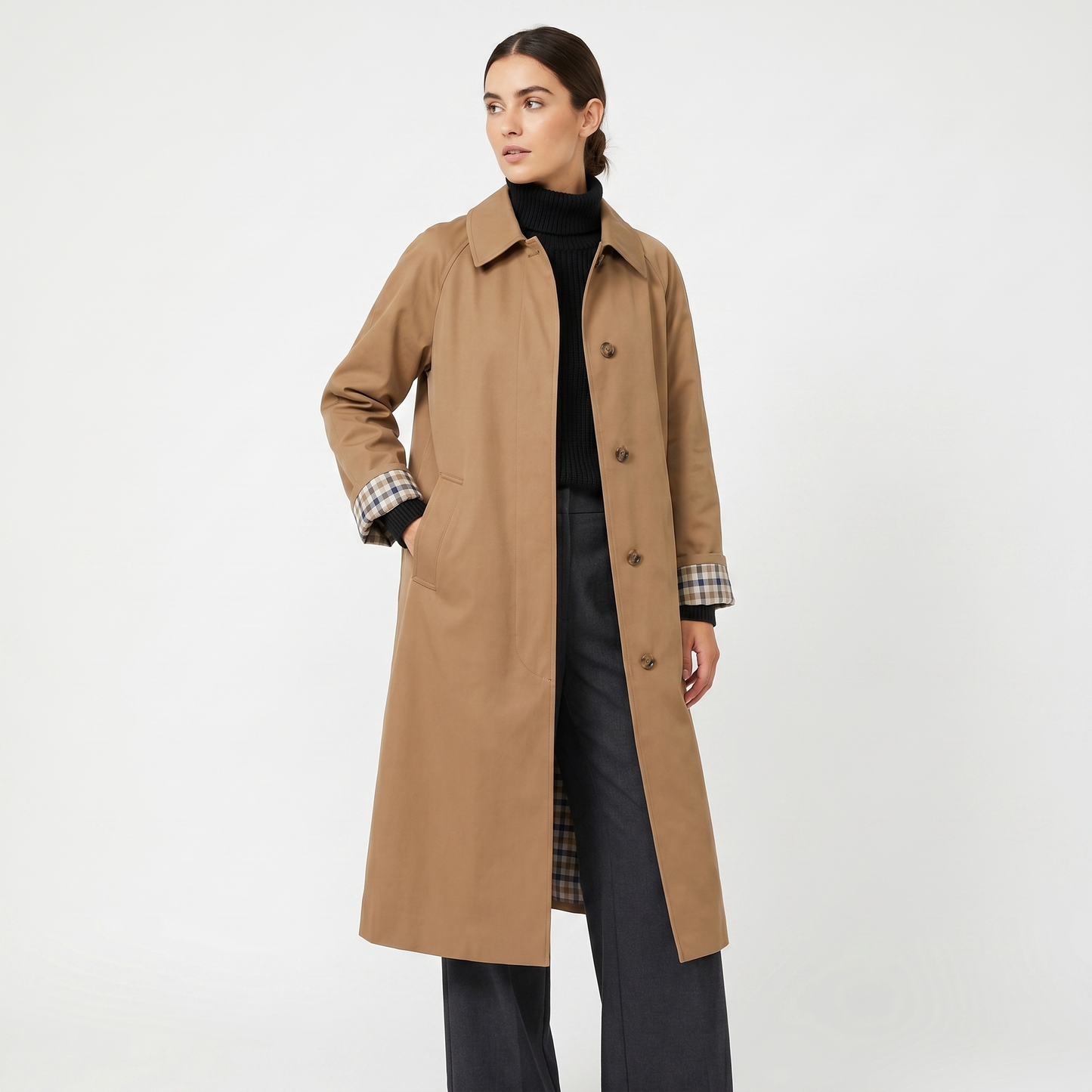 Check-Lined Single-Breasted Trench Coat