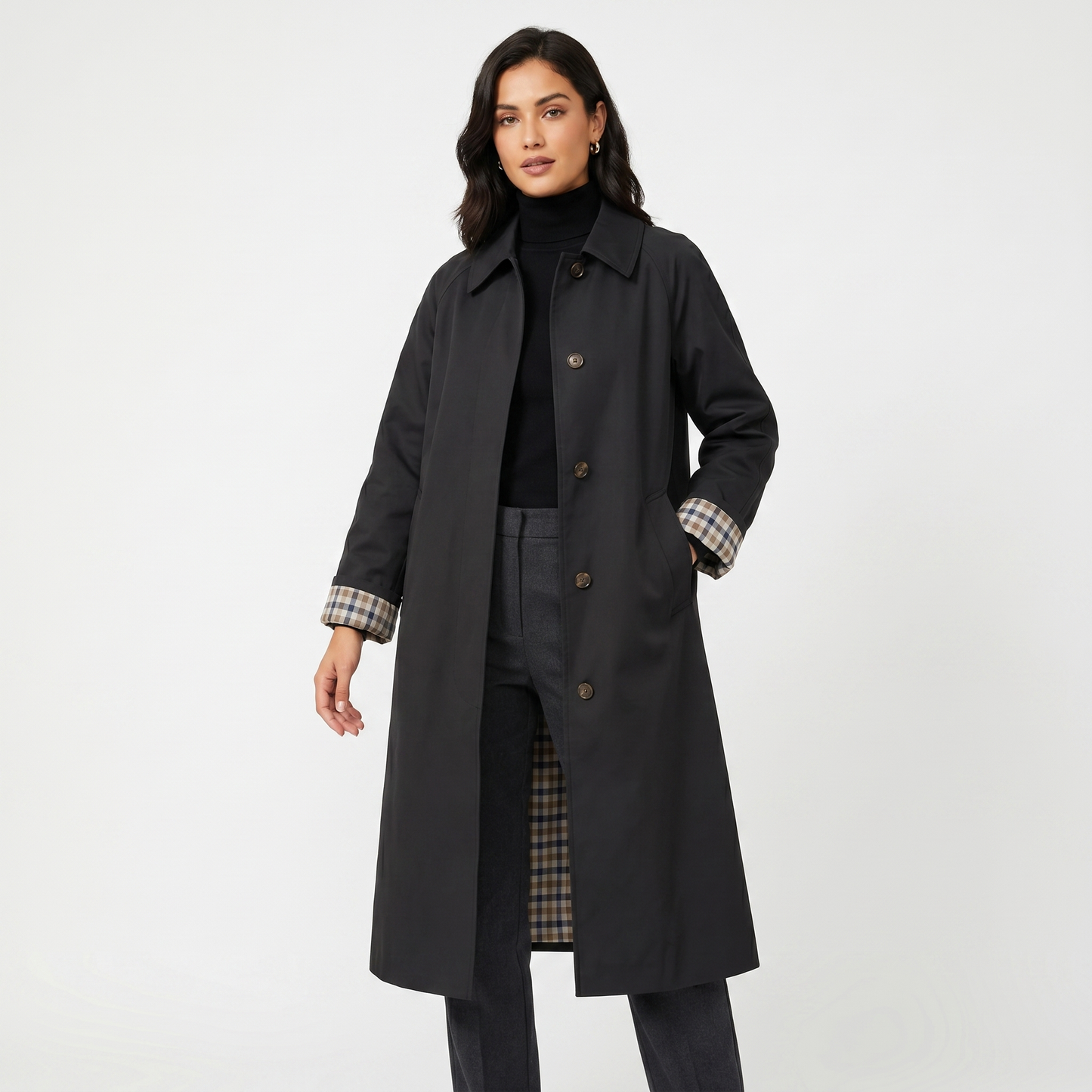 Check-Lined Single-Breasted Trench Coat