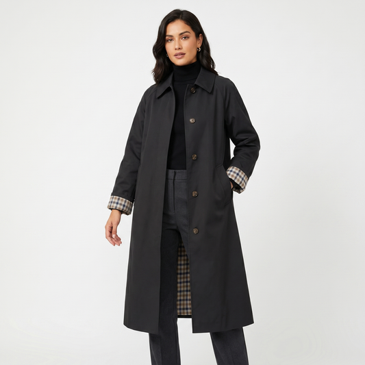Check-Lined Single-Breasted Trench Coat