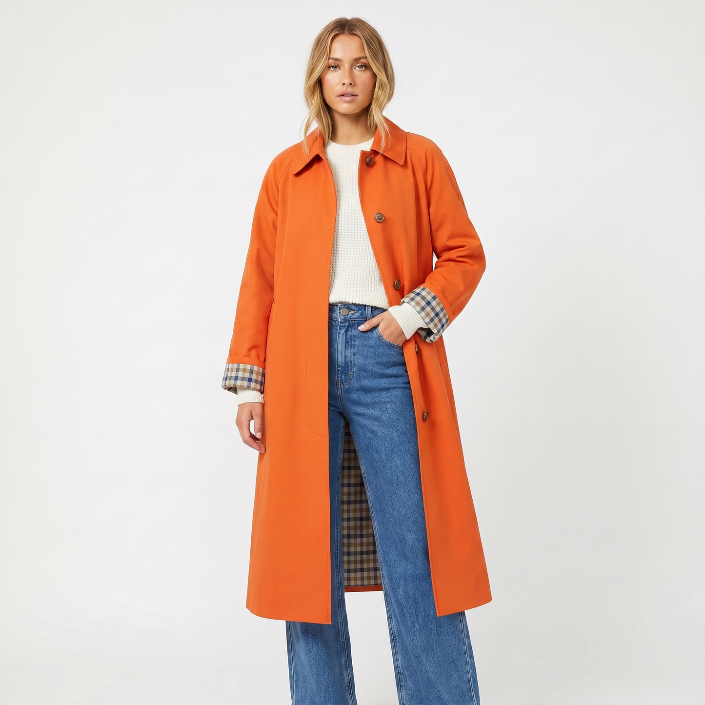 Check-Lined Single-Breasted Trench Coat