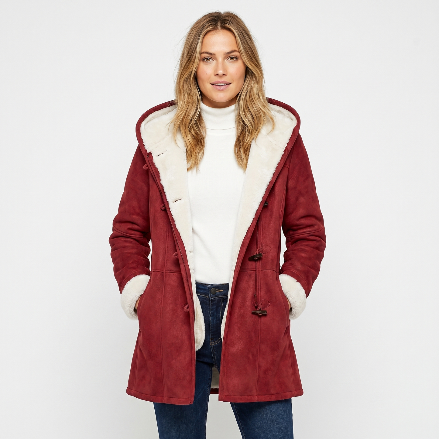Womens Shearling Coat – Suede Hooded Toggle Front