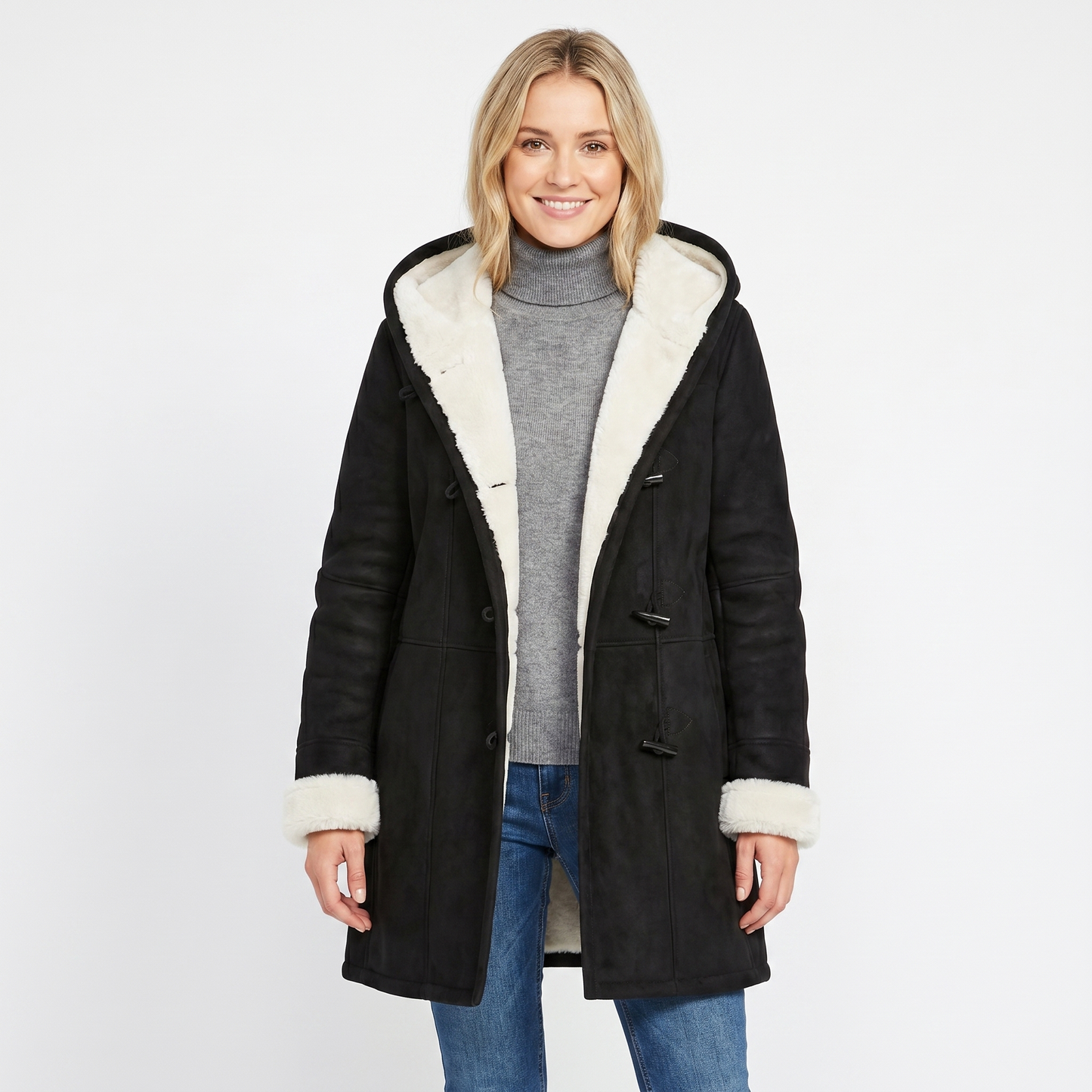 Womens Shearling Coat – Suede Hooded Toggle Front