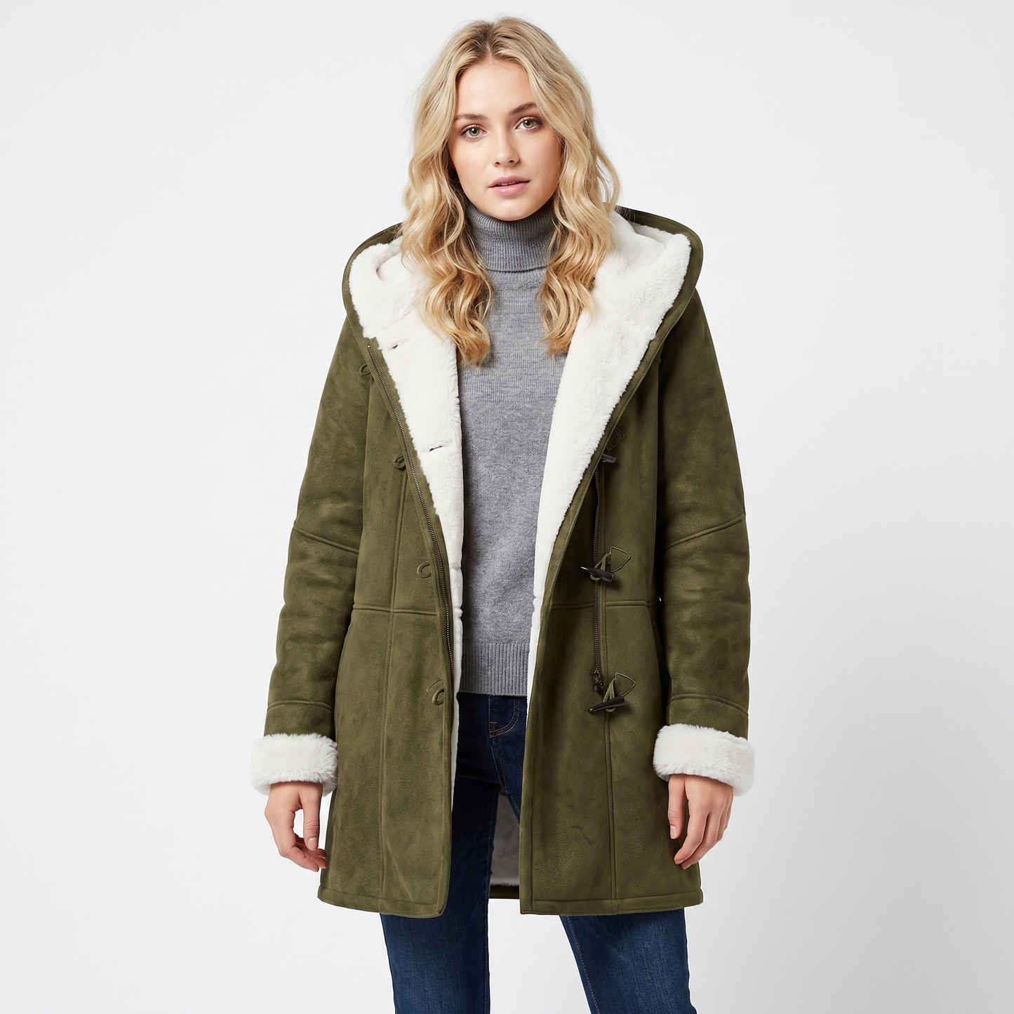 Womens Shearling Coat – Suede Hooded Toggle Front