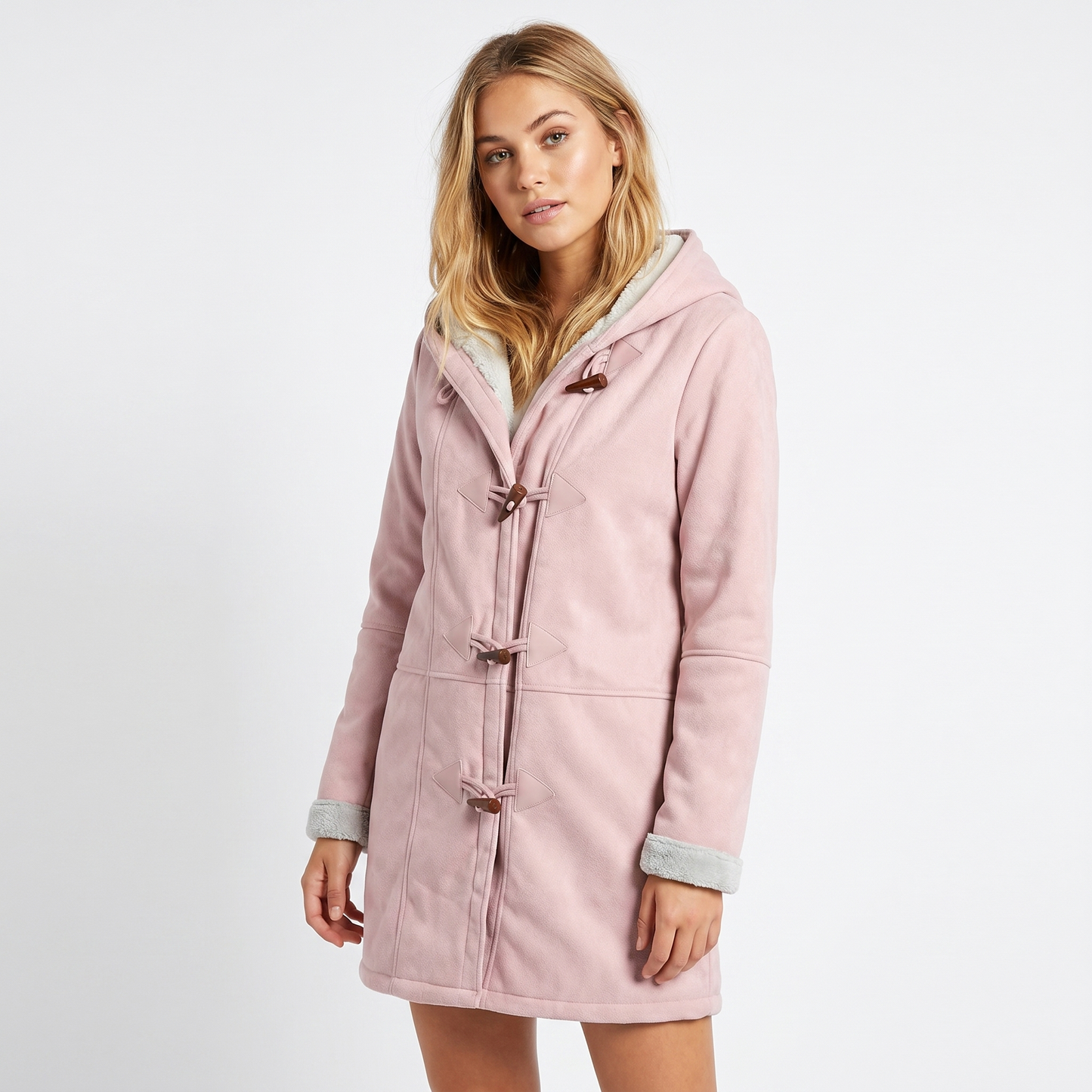 Womens Shearling Coat – Suede Hooded Toggle Front