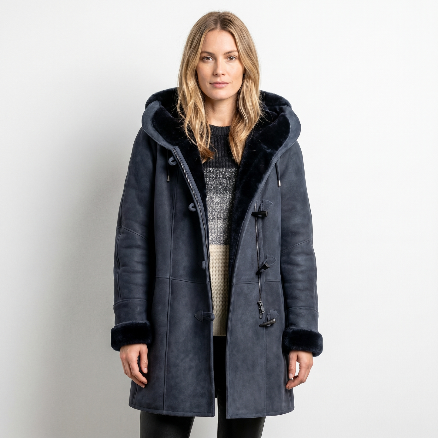 Womens Shearling Coat – Suede Hooded Toggle Front