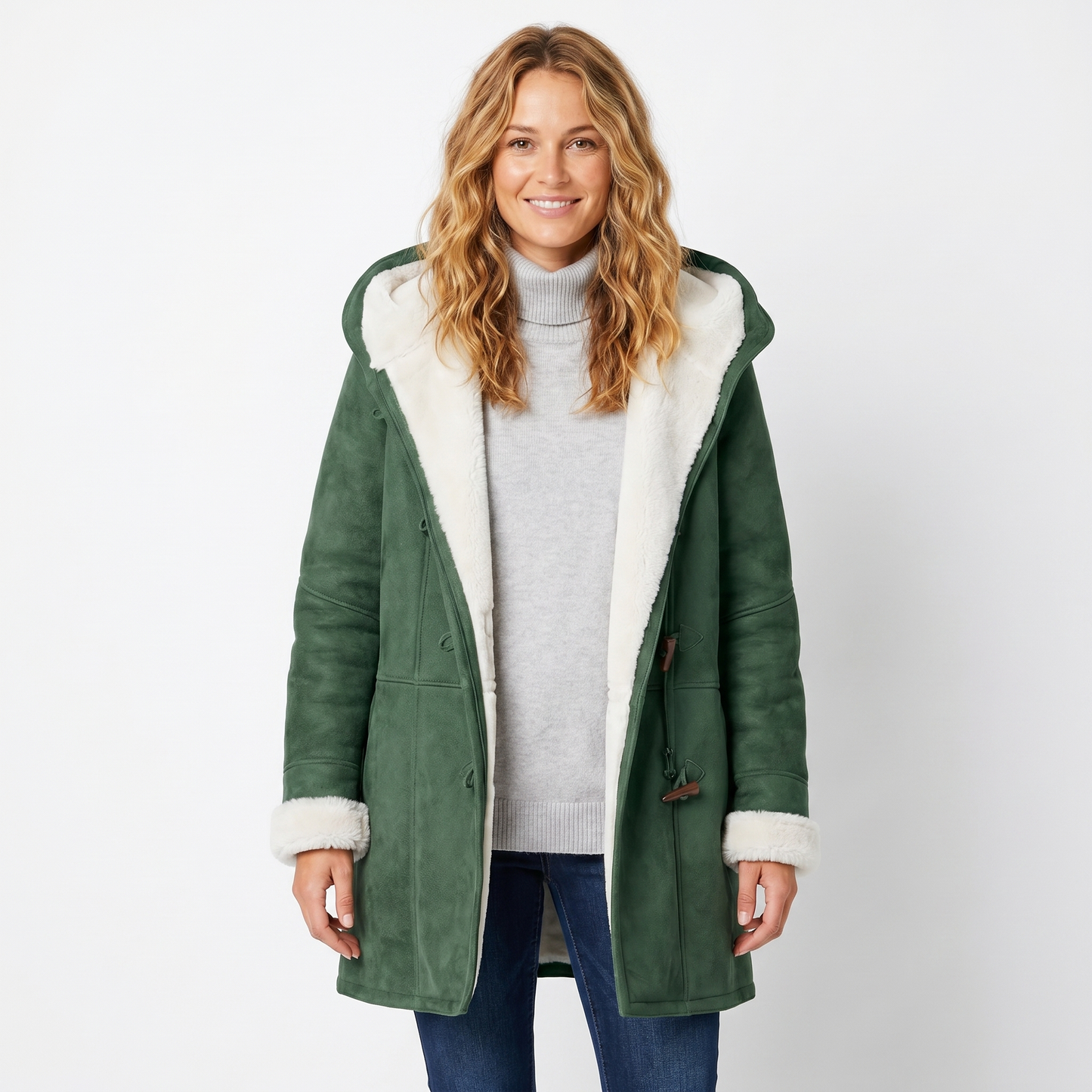 Womens Shearling Coat – Suede Hooded Toggle Front