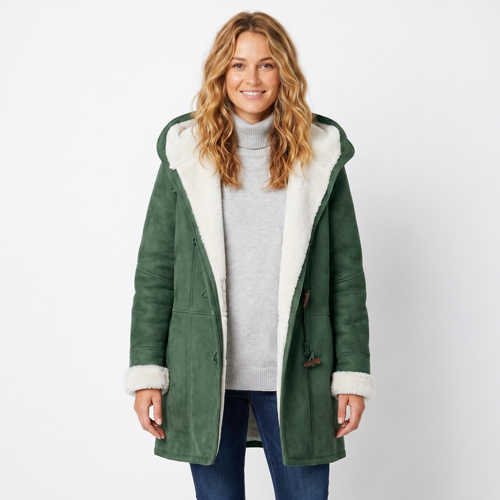 Womens Shearling Coat – Suede Hooded Toggle Front