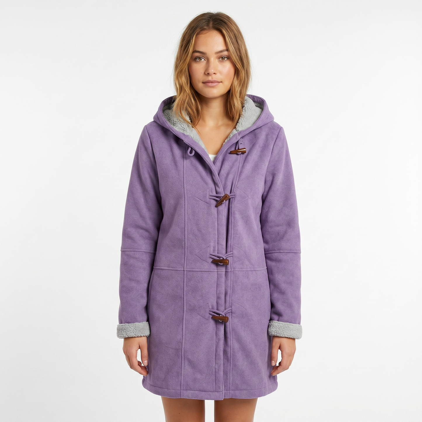 Womens Shearling Coat – Suede Hooded Toggle Front
