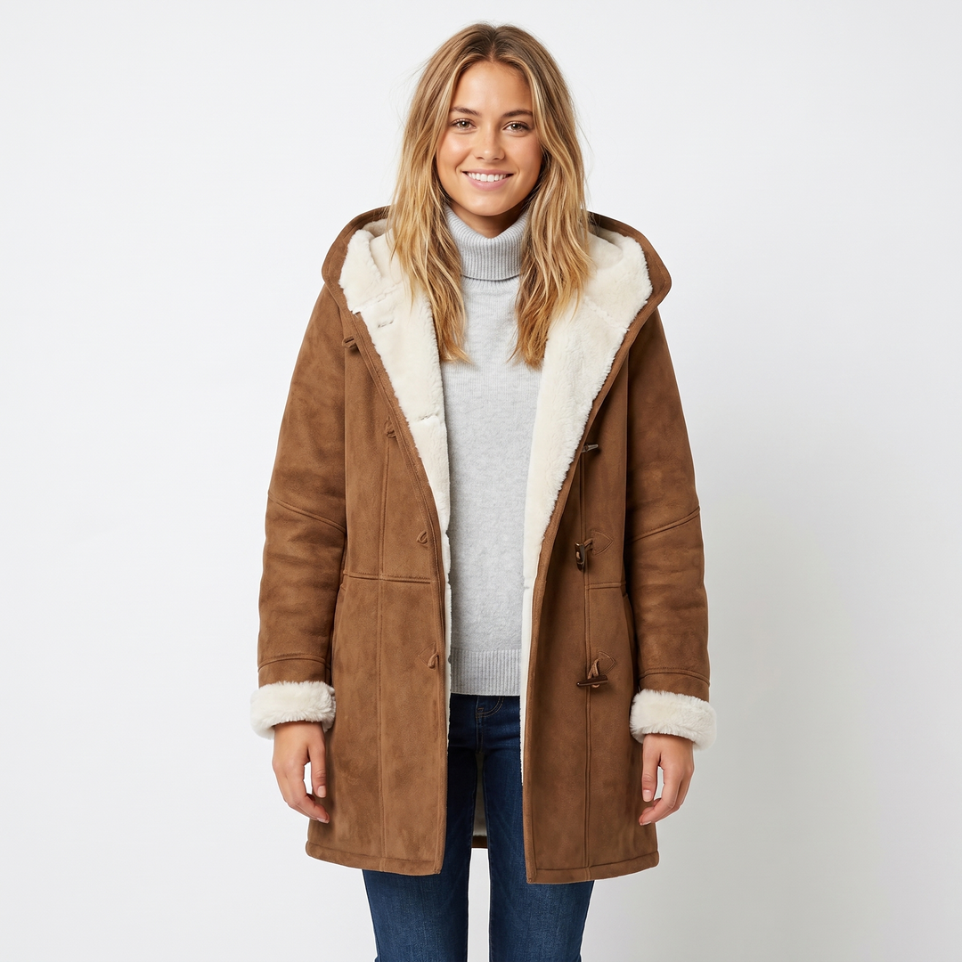 Womens Shearling Coat – Suede Hooded Toggle Front