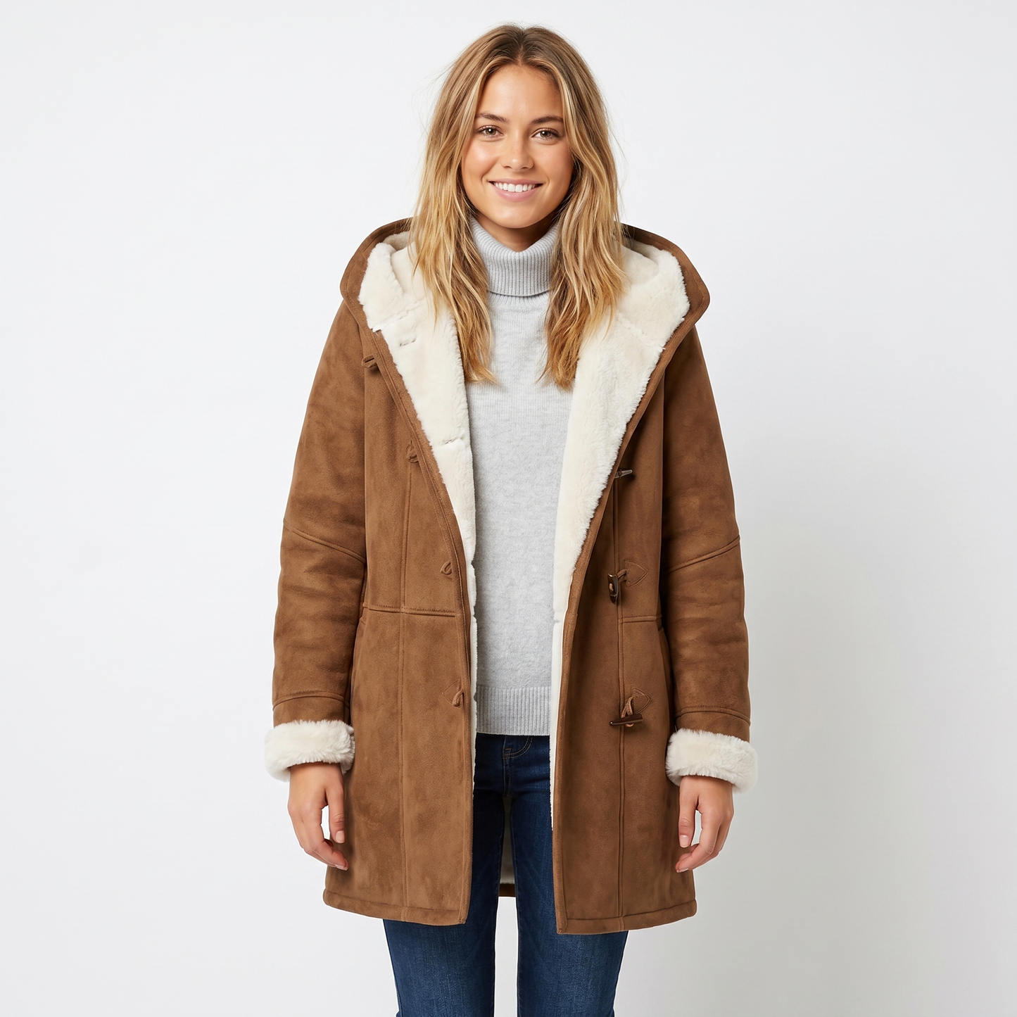 Womens Shearling Coat – Suede Hooded Toggle Front