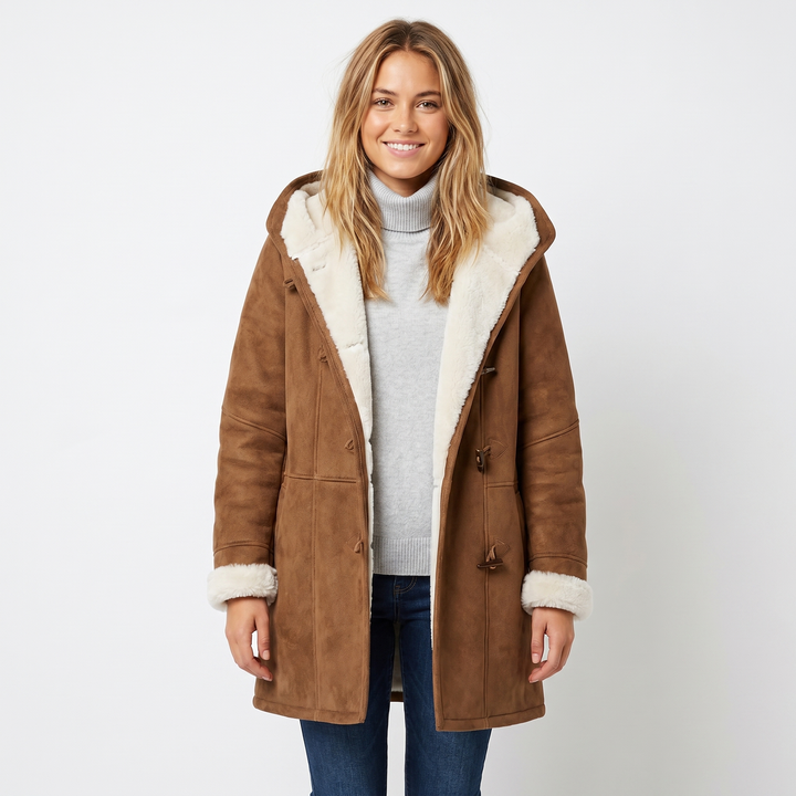 Womens Shearling Coat – Suede Hooded Toggle Front