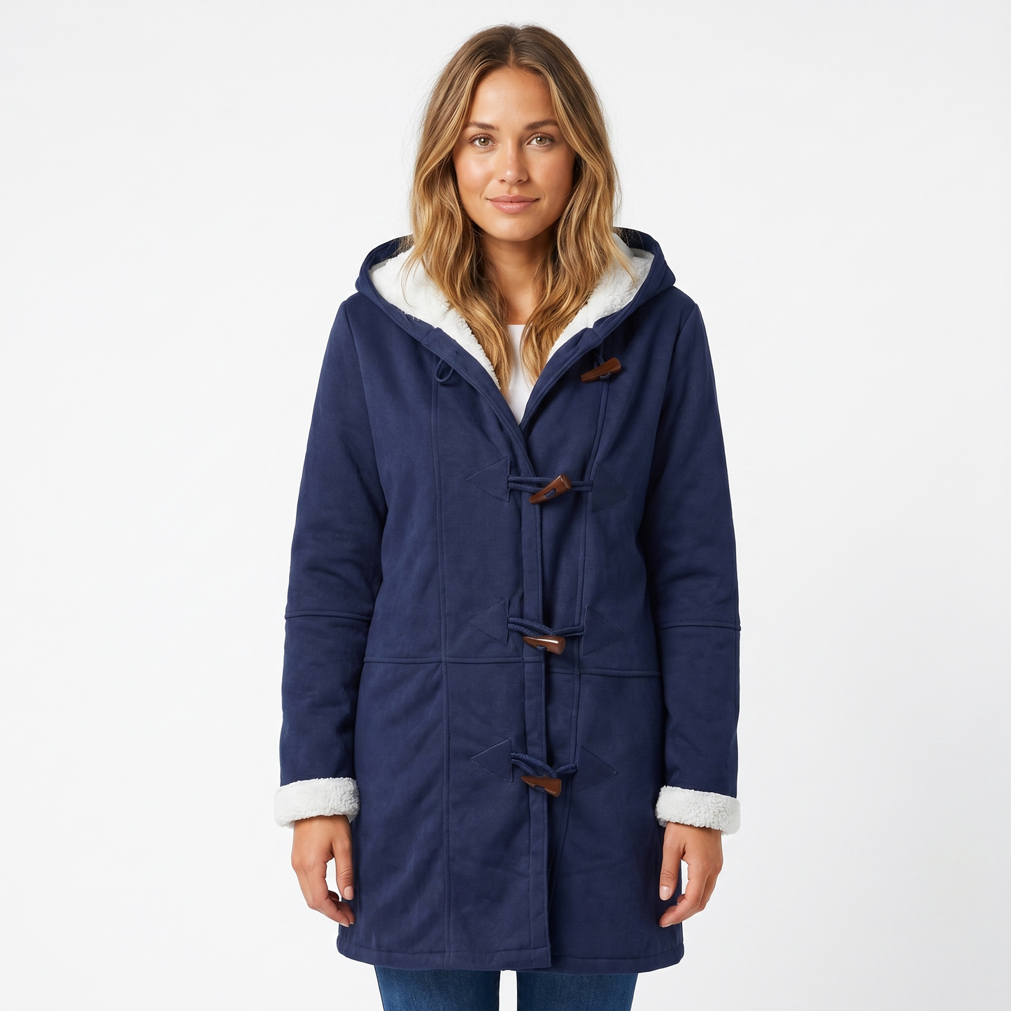 Womens Shearling Coat – Suede Hooded Toggle Front