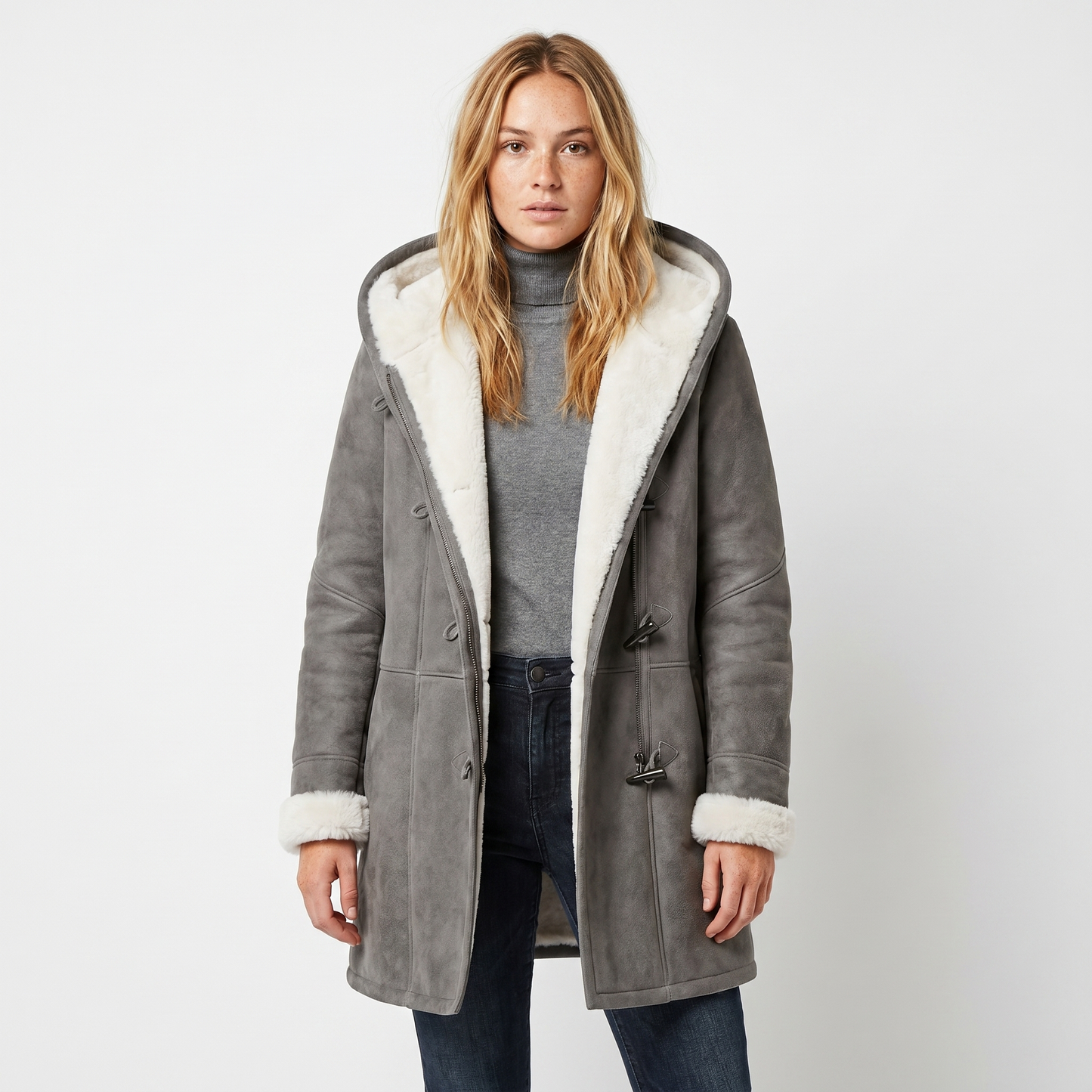 Womens Shearling Coat – Suede Hooded Toggle Front