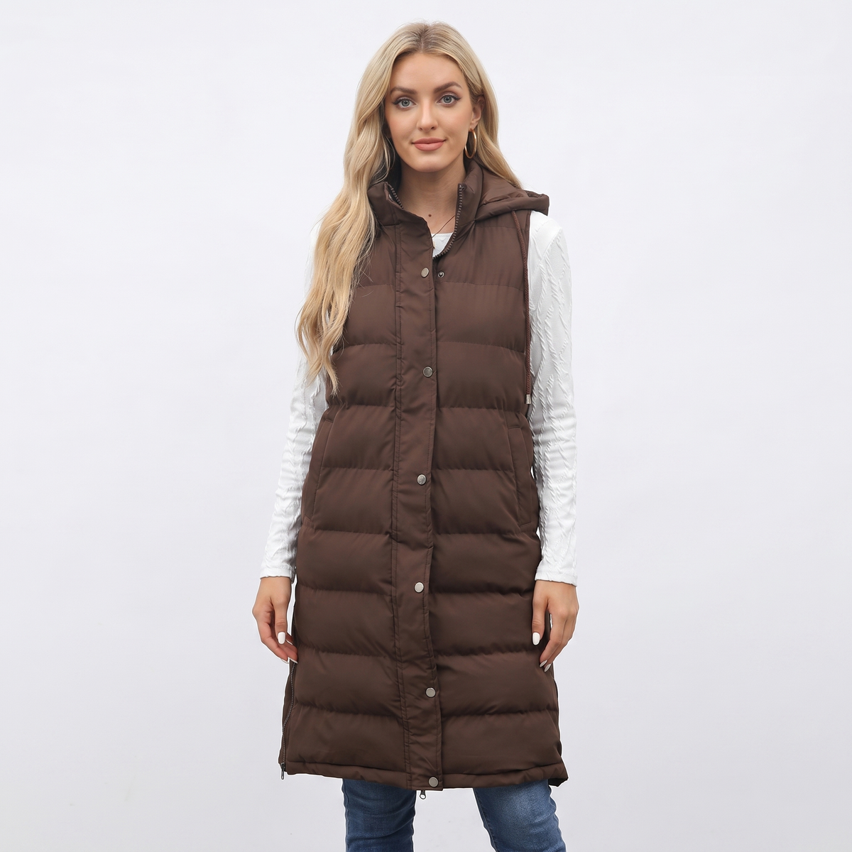 Women's Longline Puffer Winter Vest Hooded Quilted Snap Front