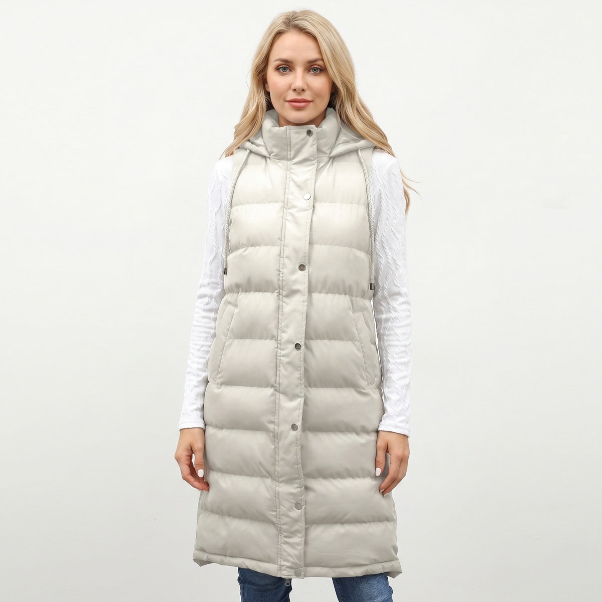 Women's Longline Puffer Winter Vest Hooded Quilted Snap Front