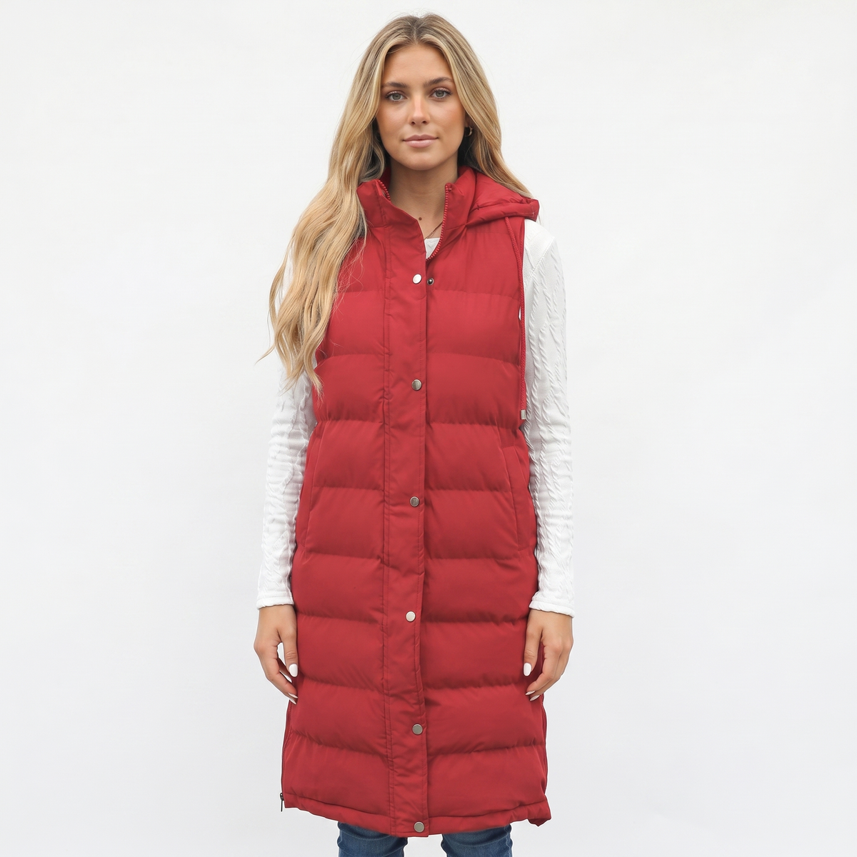 Women's Longline Puffer Winter Vest Hooded Quilted Snap Front